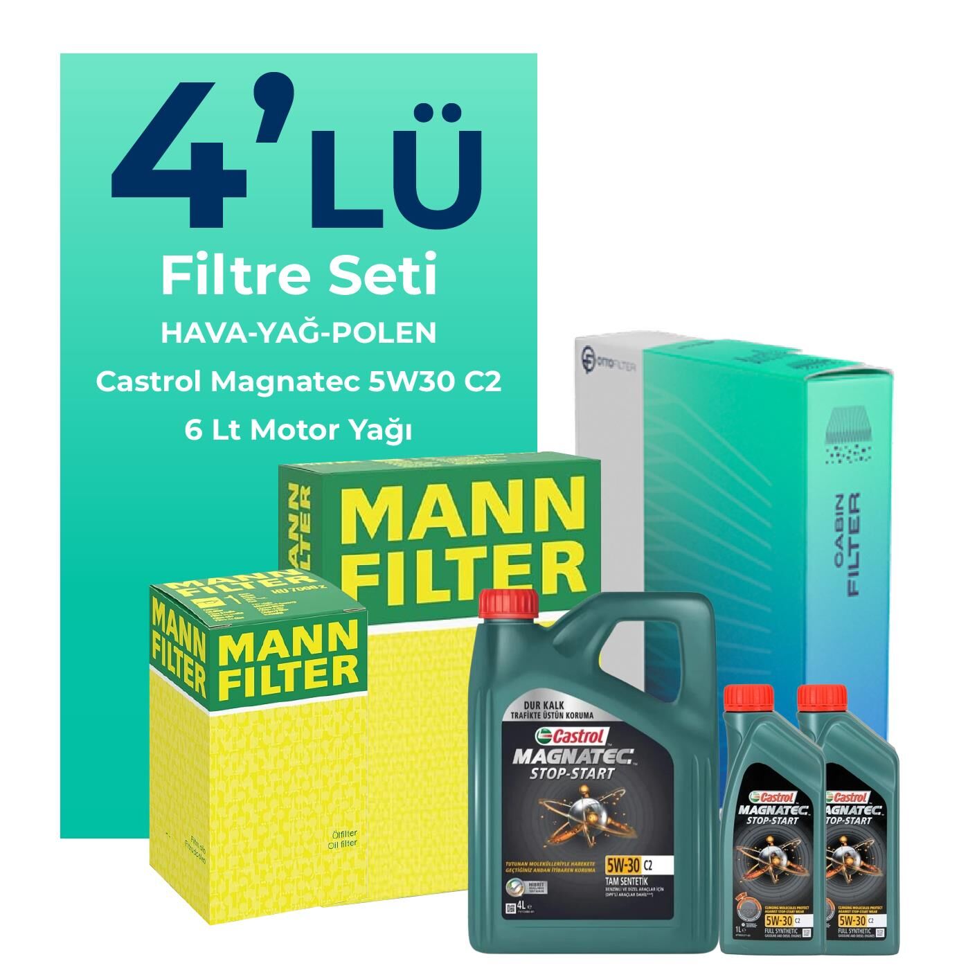 MANN Mercedes C200 Kompresor Filtre Bakım Seti Castrol Motor Yağlı (2008-2012) 4 Lü