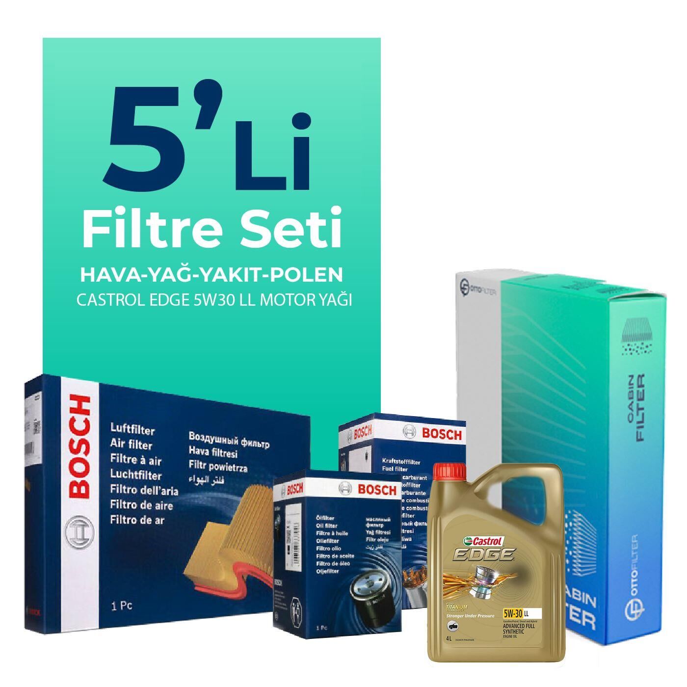 BOSCH Skoda Kamiq 1.6 Dizel Filtre Bakım Seti Castrol Motor Yağlı (2020-2022) 5 Li