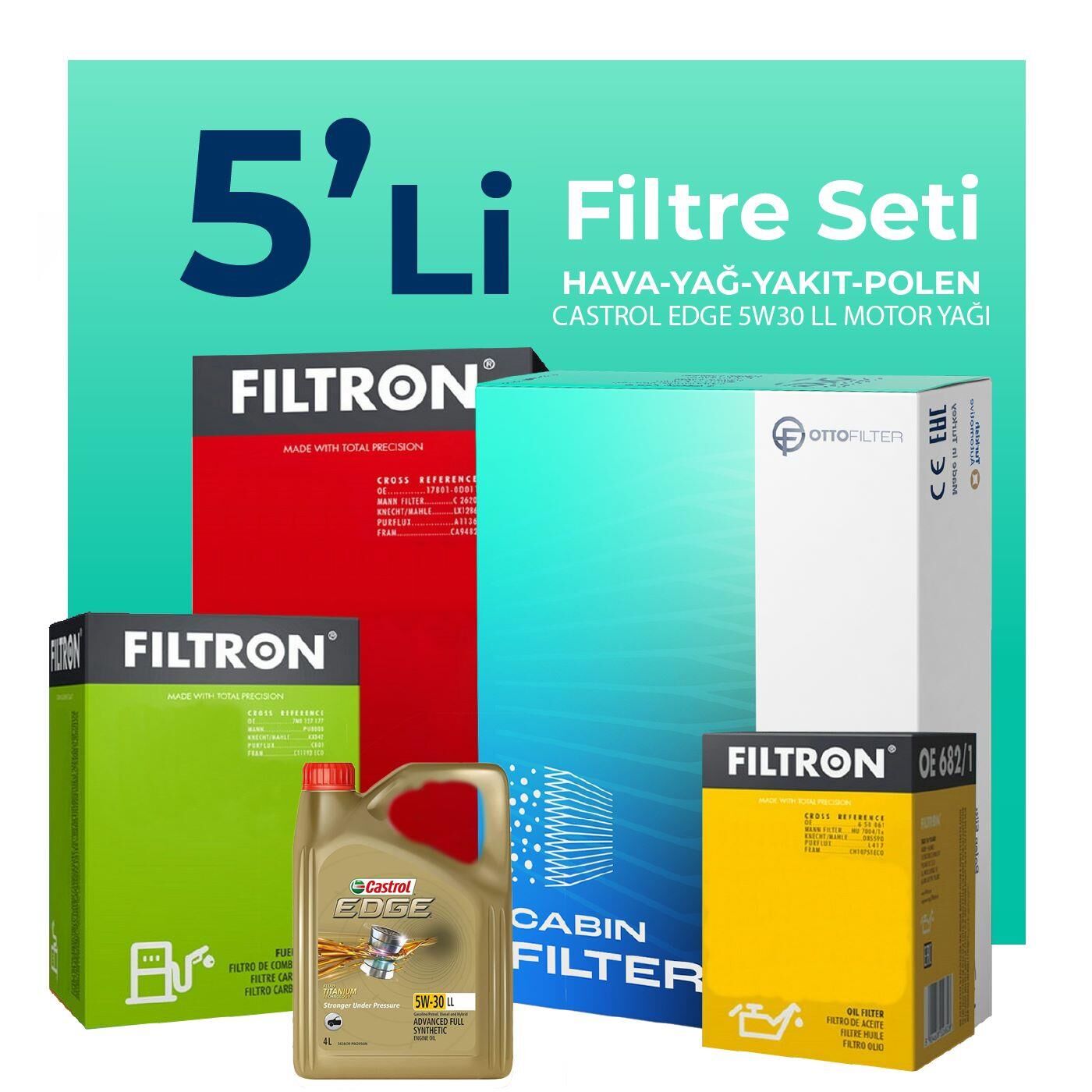 Filtron BMW 5.20 Dizel 190 HP Filtre Bakım Seti Castrol Motor Yağlı (2014-2017) 5 Li
