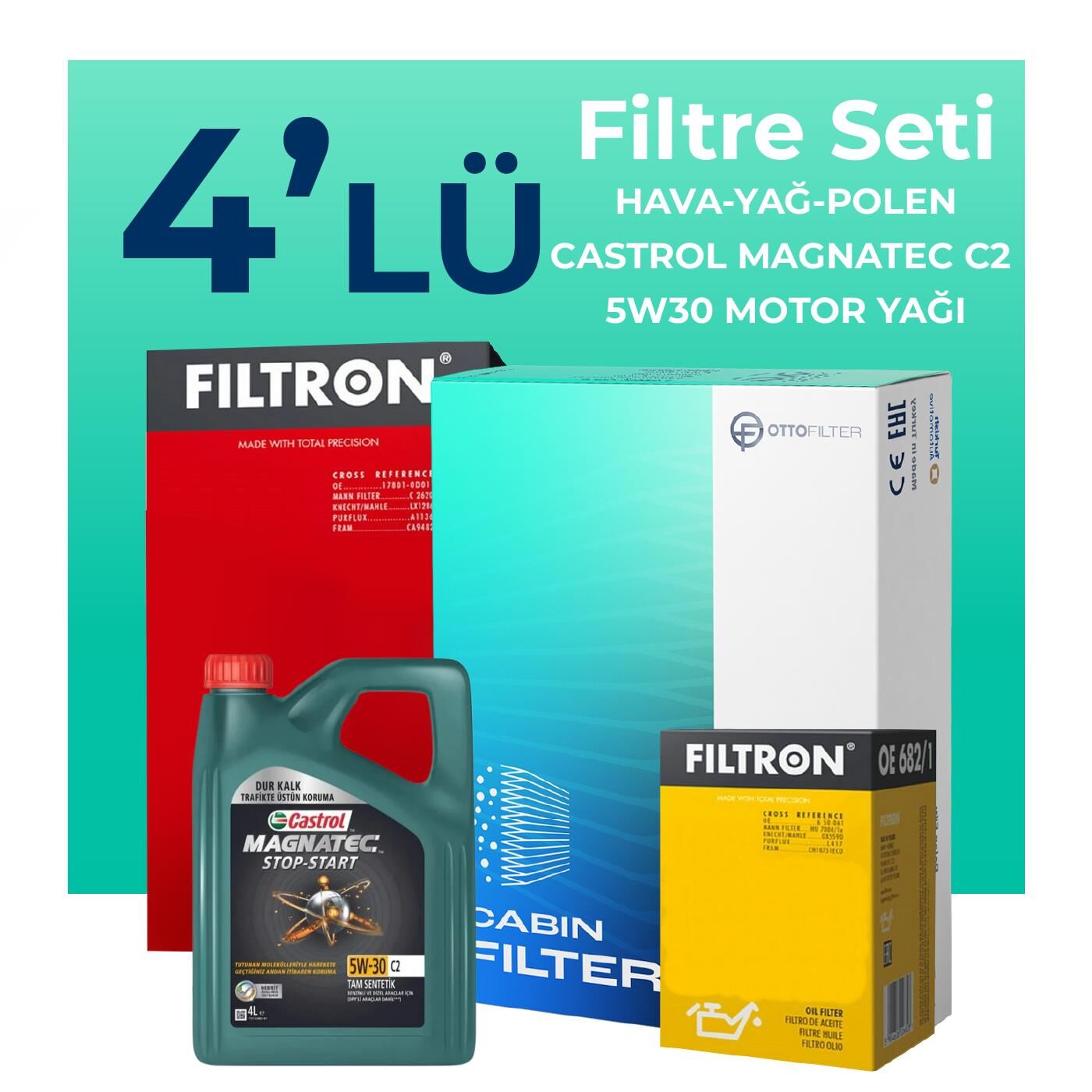 Filtron Peugeot 206+ 1.4 Dizel Filtre Bakım Seti Castrol Motor Yağlı (2010-2013) 4 Lü