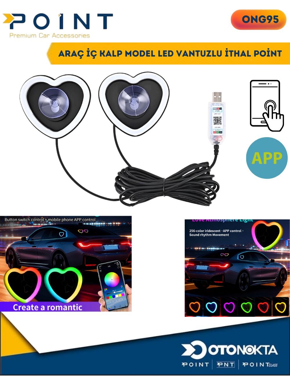 ARAÇ İÇ KALP VANTUZLU  MODEL LED TELEFON UYGULAMA