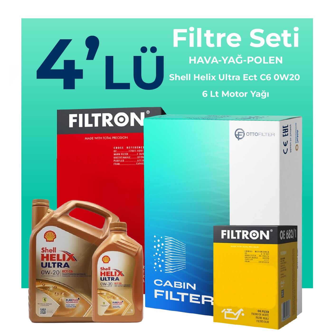 Filtron Volvo V90 Cross Country 2.0 Dizel D5 Filtre Bakım Seti Shell Motor Yağlı (2018-2020) 4 Lü