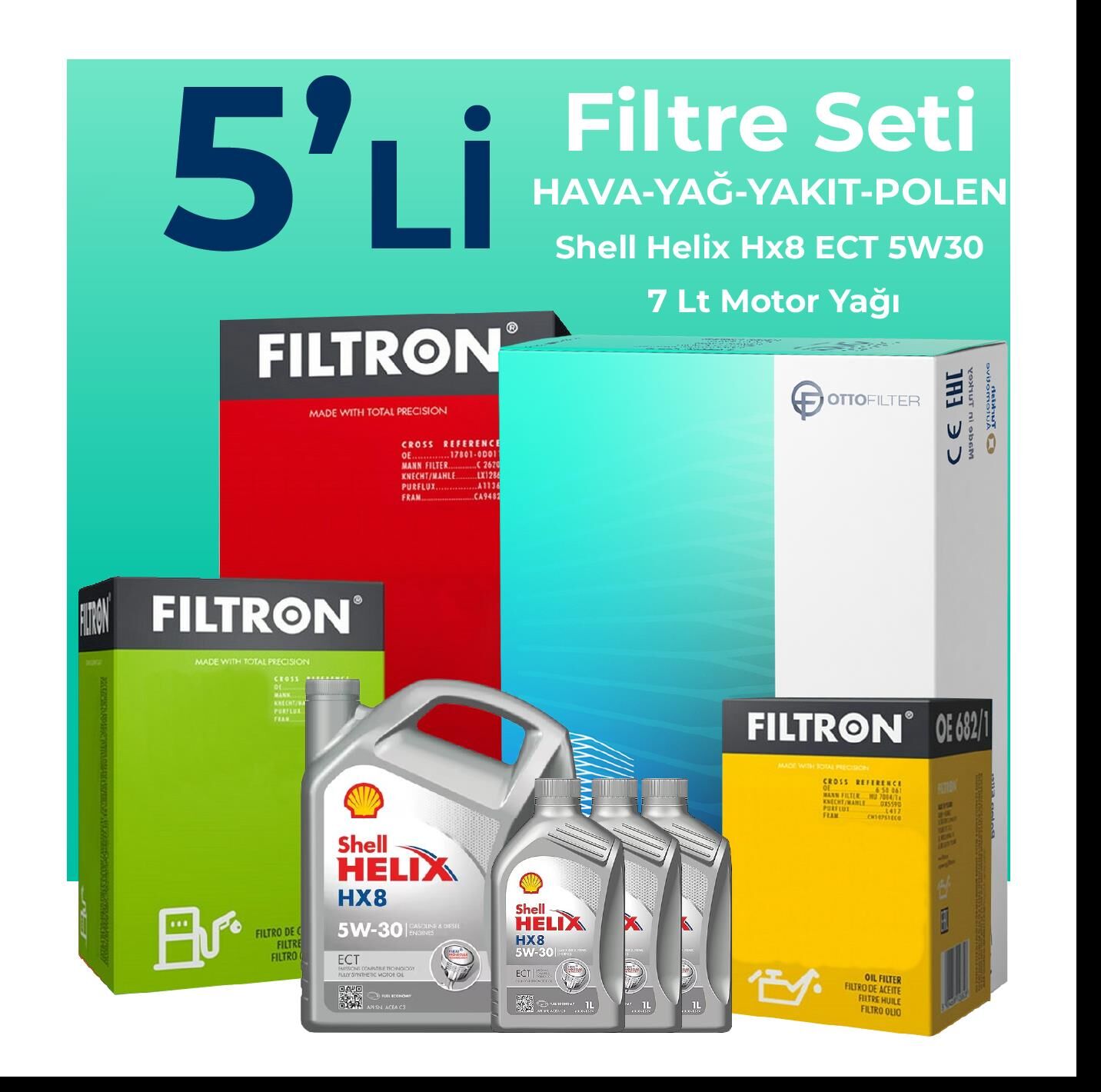 Filtron Volkswagen Transporter T5 2.0 Dizel Filtre Bakım Seti Shell Motor Yağlı (2009-2015) 5 Li