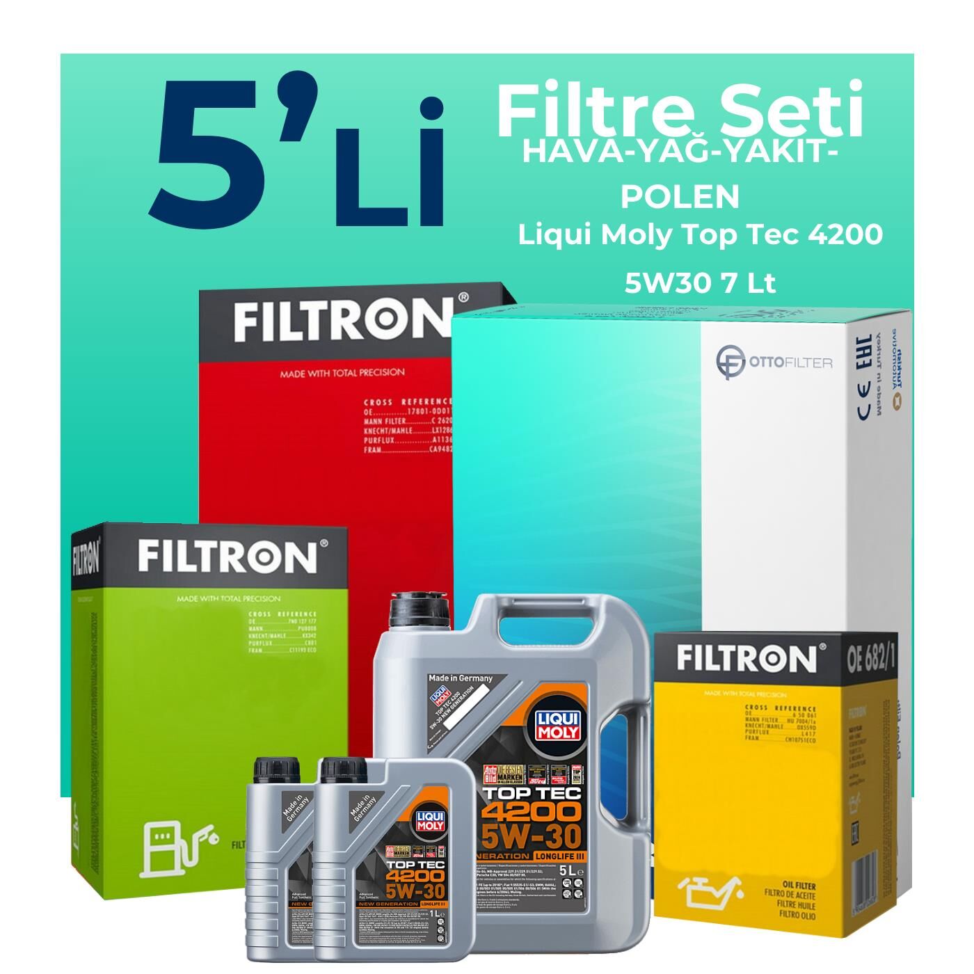 Filtron Mercedes E220 Dizel Filtre Bakım Seti Liqui Moly Motor Yağlı (2018-2022) 5 Li