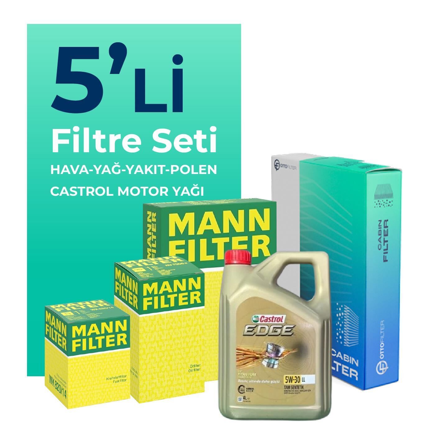 MANN BMW 3.18 D Filtre Bakım Seti Castrol Motor Yağlı (2007-2010) 5 Li