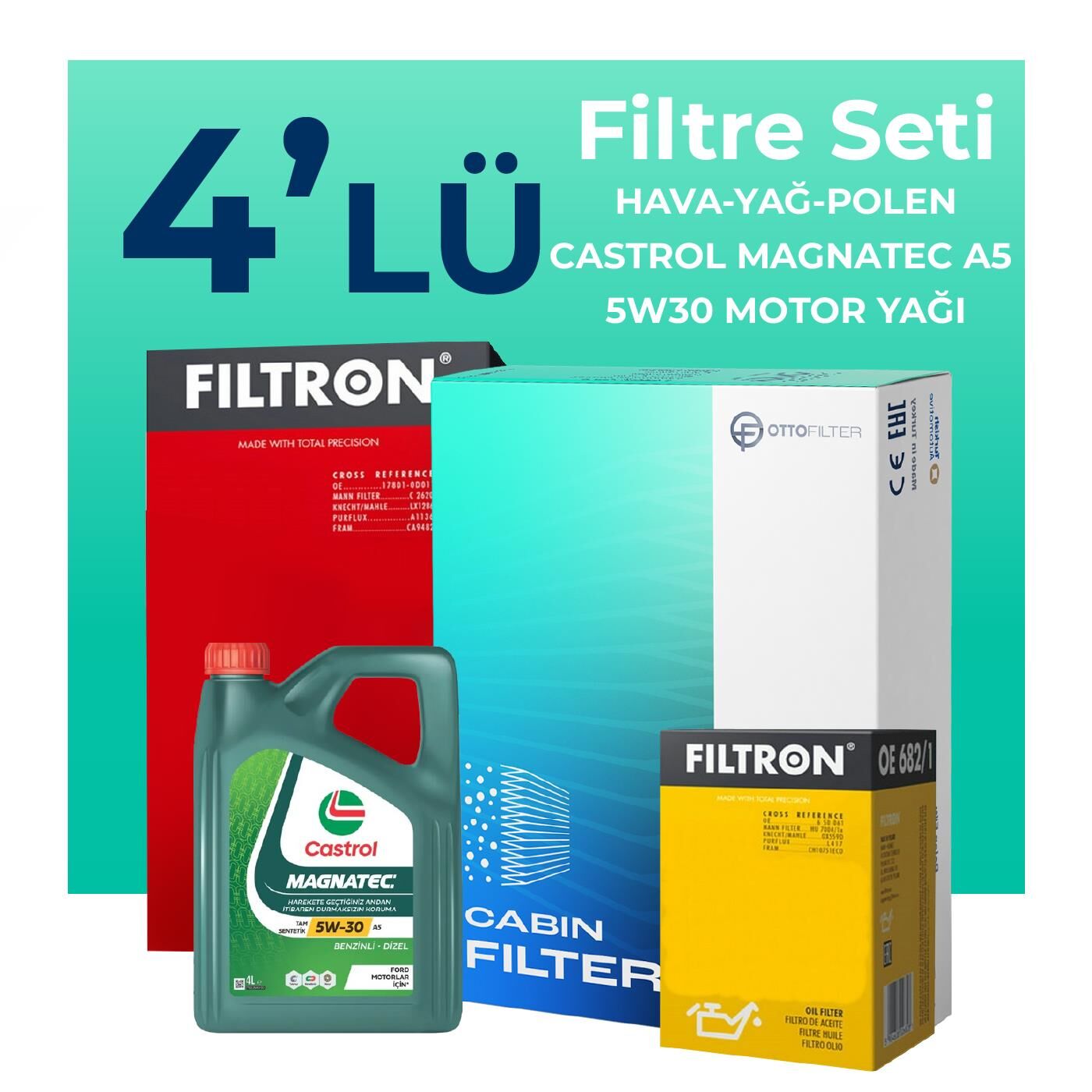 Filtron Seat Cordoba 1.4 Benzin Filtre Bakım Seti Castrol Motor Yağlı (2003-2008) 4 Lü