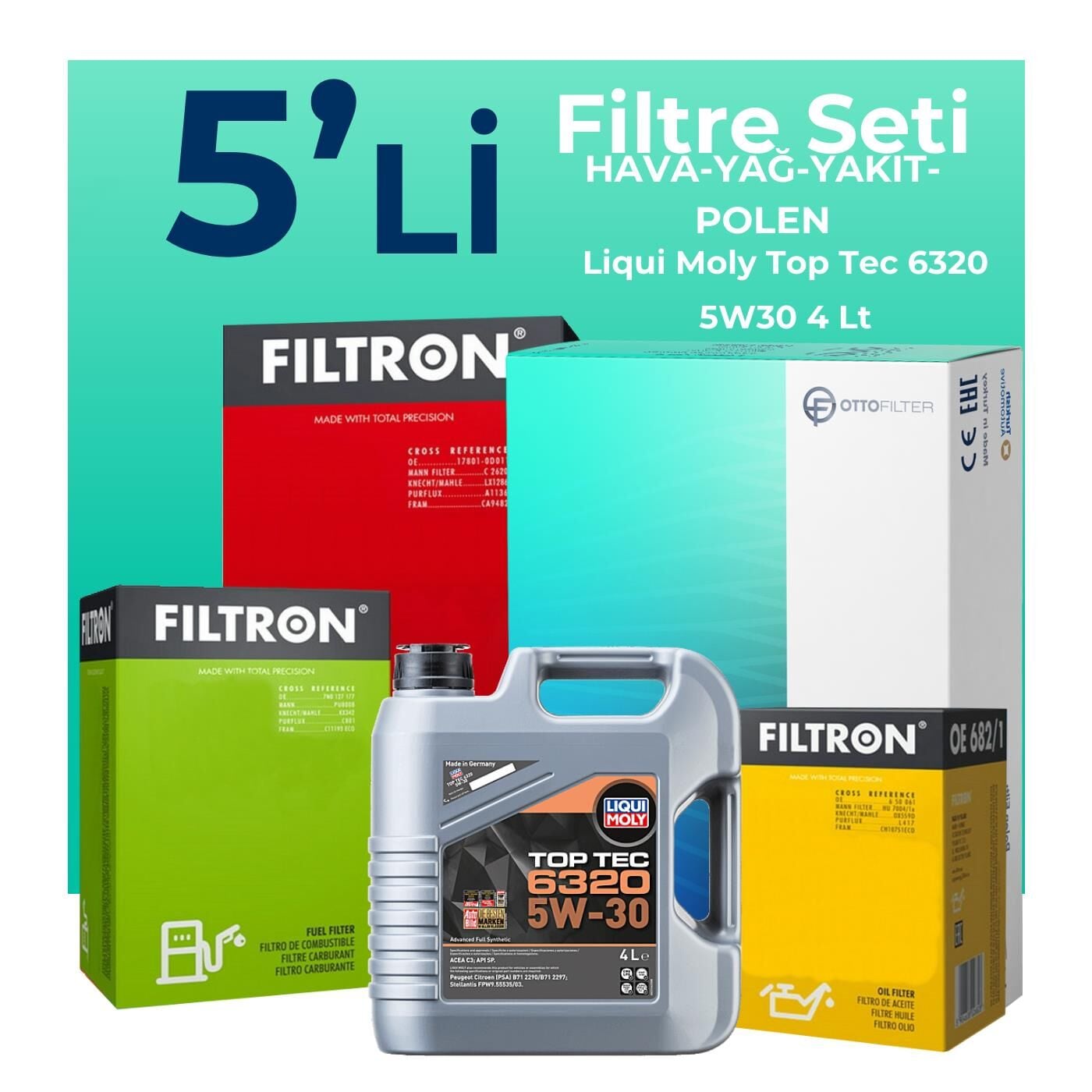 Filtron Peugeot Partner 1.5 Dizel Filtre Bakım Seti Liqui Moly Motor Yağlı (2019-2024) 5 Li