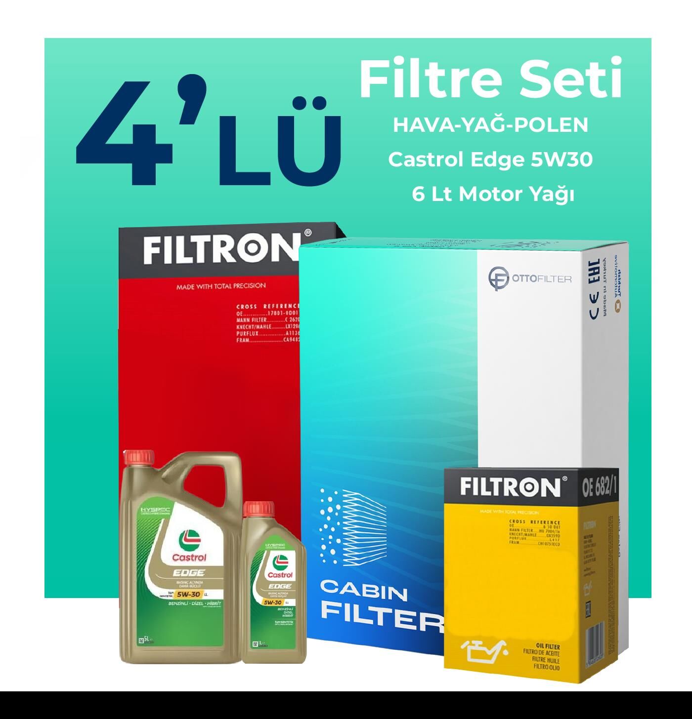 Filtron BMW 6.30 Benzinli Filtre Bakım Seti Castrol Motor Yağlı (2004-2010) 4 Lü