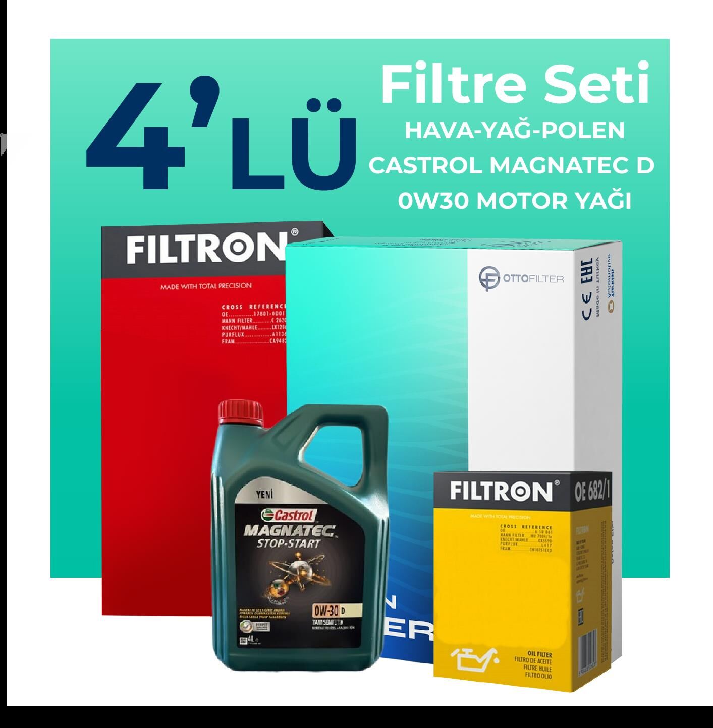 Filtron Ford Fiesta 1.5 Dizel Filtre Bakım Seti Castrol Motor Yağlı (2017-2020) 4 Lü