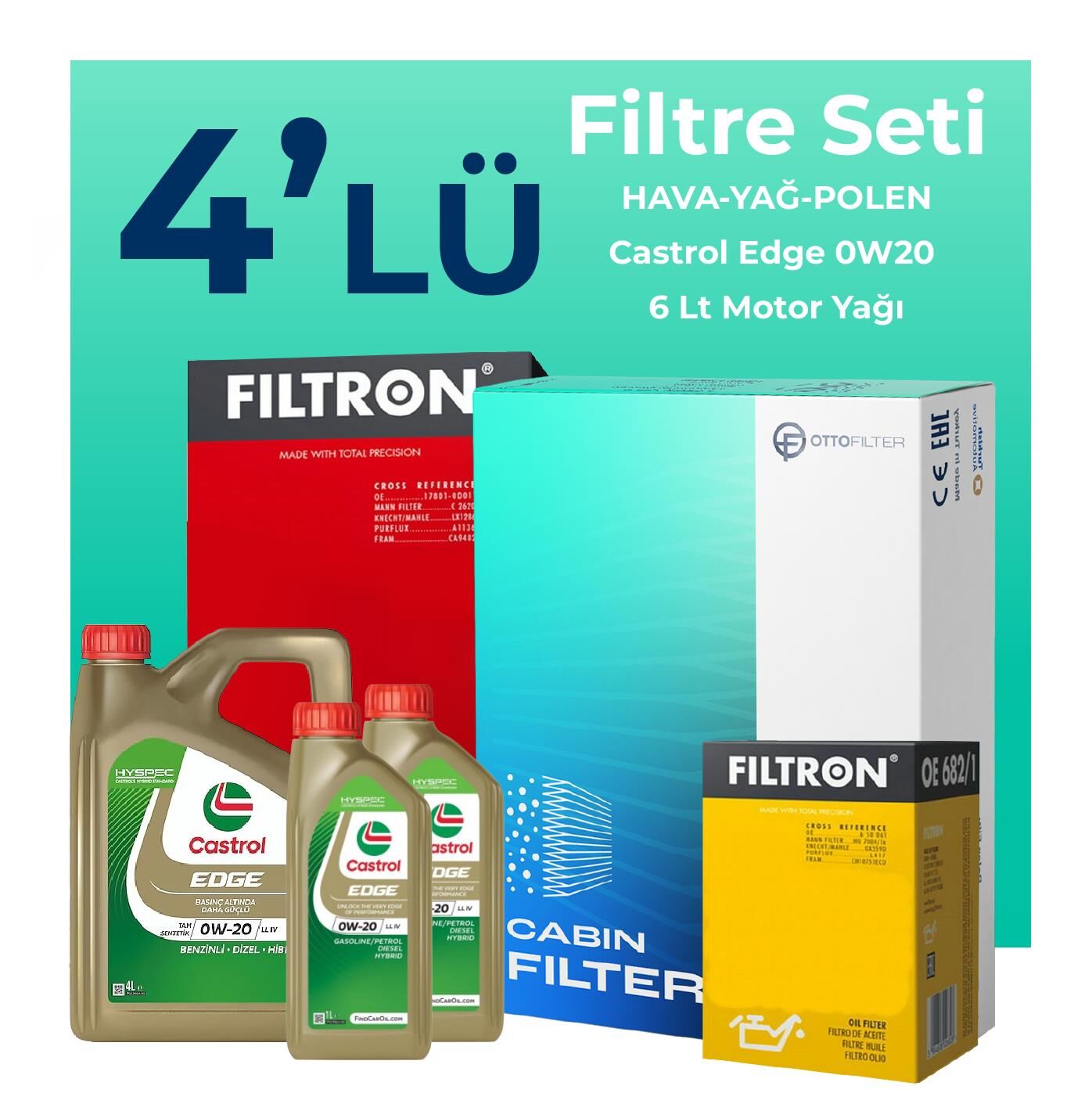 Filtron Volvo V40 1.5 Benzin Filtre Bakım Seti Castrol Motor Yağlı (2015-2019) 4 Lü