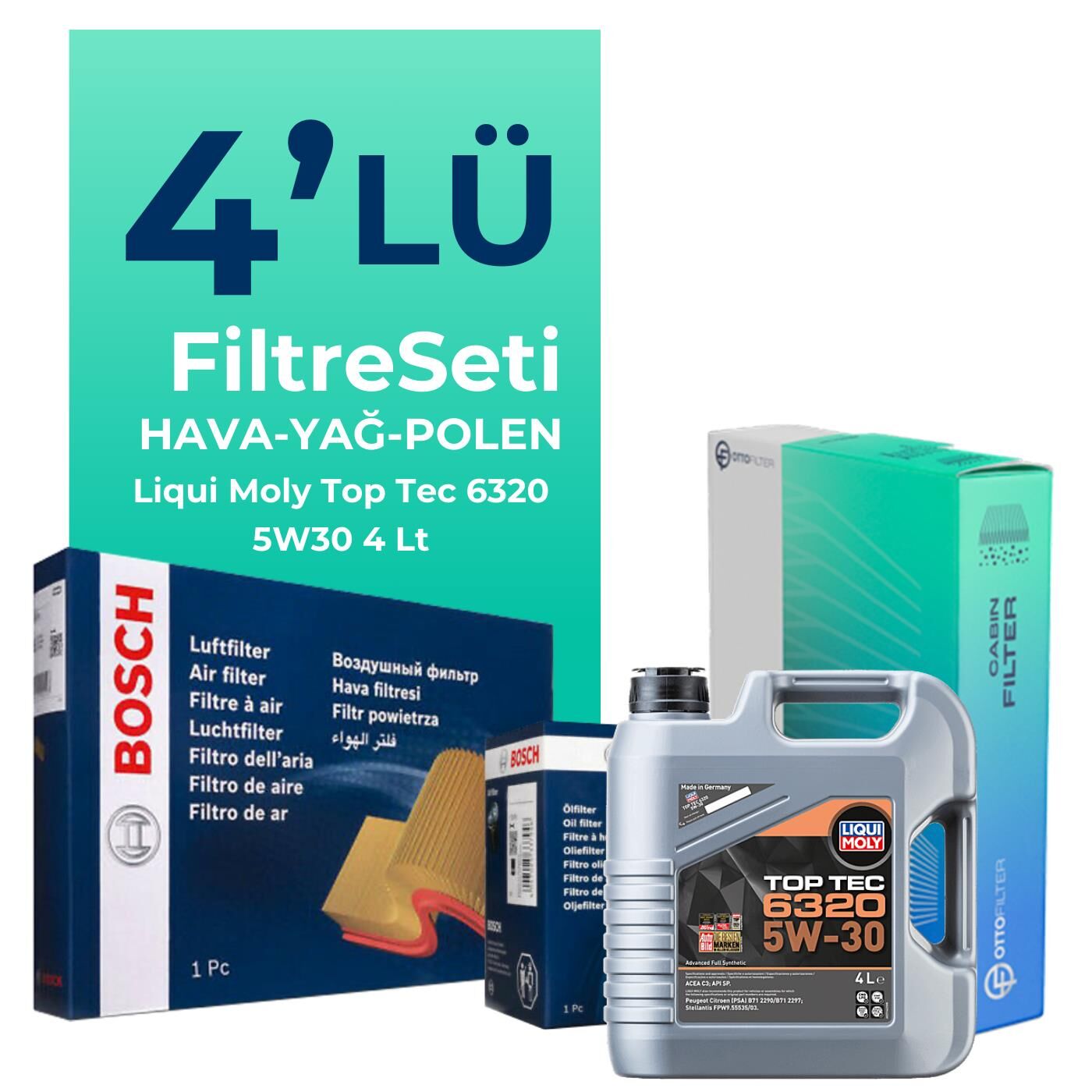 BOSCH Citroen C4 Cactus 1.2 Turbo Benzinli Filtre Bakım Seti Liqui Moly Motor Yağlı (2014-2021) 4 Lü