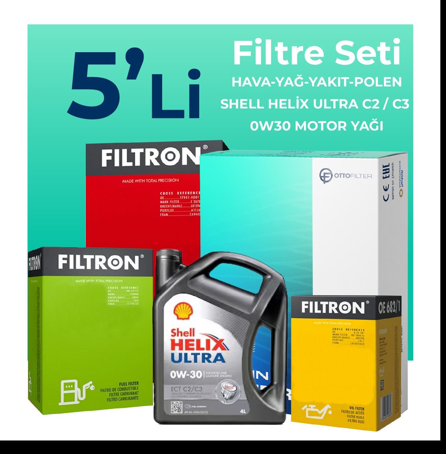 Filtron Fiat Doblo 1.6 Dizel Filtre Bakım Seti Shell Motor Yağlı (2015-2023) 5 Li
