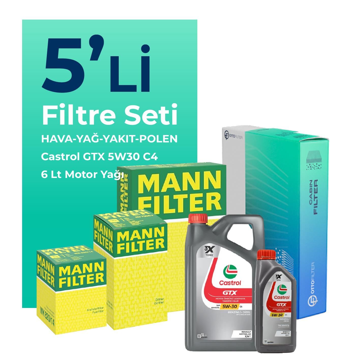 MANN Hyundai Tucson 2.0 Dizel Filtre Bakım Seti Castrol Motor Yağlı (2004-2012) 5 Li