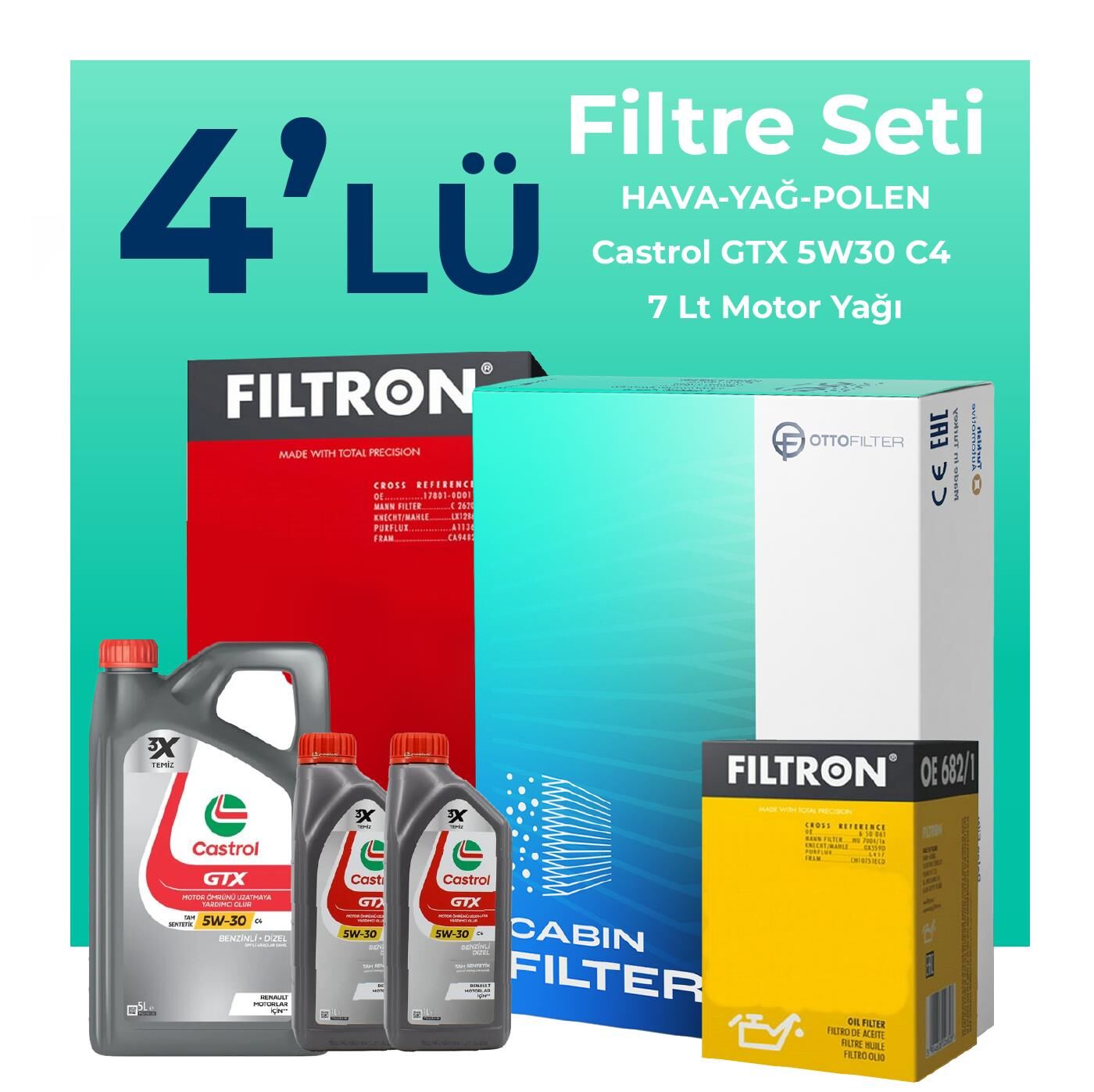 Filtron Nissan Navara 2.3 Dizel Filtre Bakım Seti Castrol Motor Yağlı (2015-2021) 4 Lü