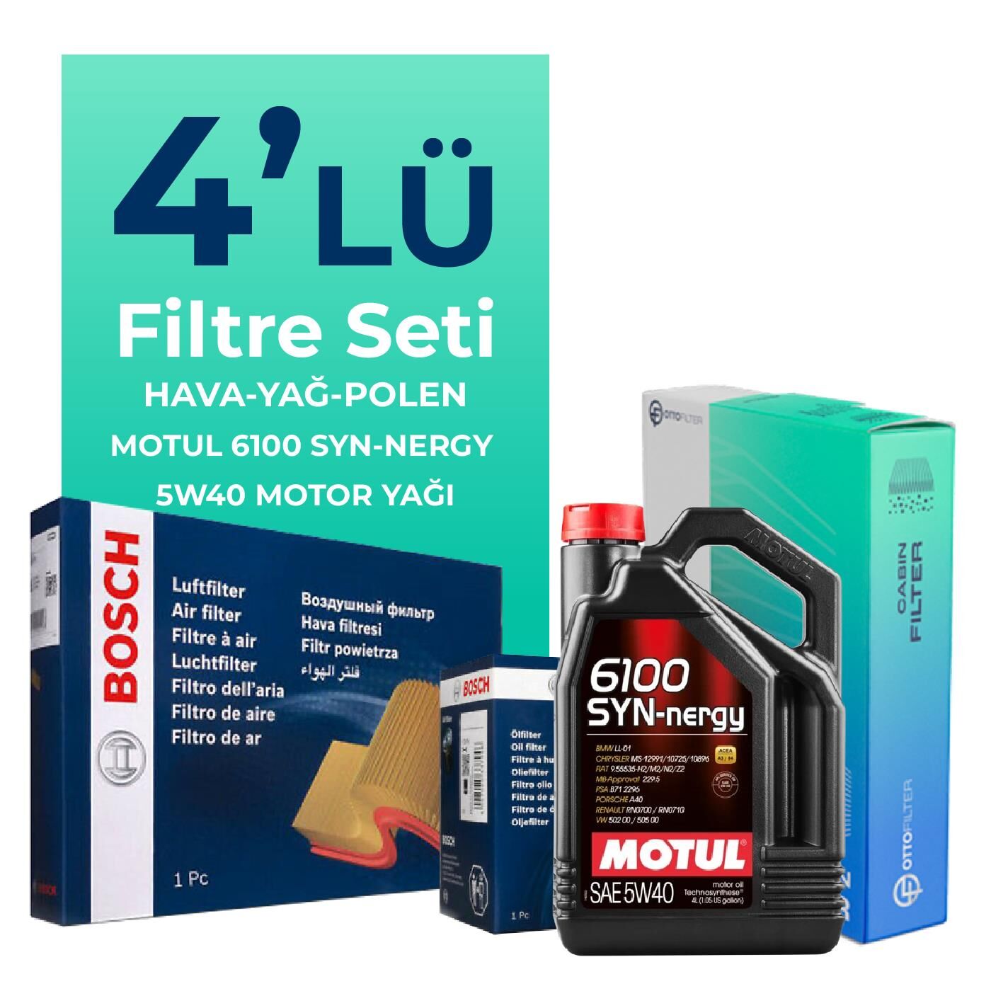 BOSCH Fiat Punto 1.4 Benzinli Filtre Bakım Seti Motul Motor Yağlı (2012-2017) 4 Lü