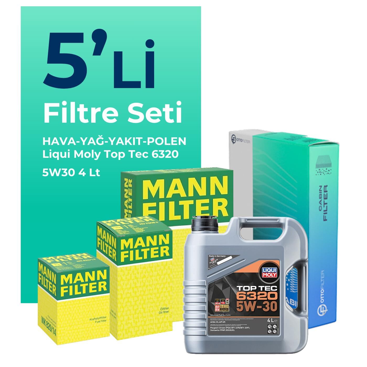 MANN Citroen C3 Aircross 1.5 Dizel Filtre Bakım Seti Liqui Moly Motor Yağlı (2017-2022) 5 Li