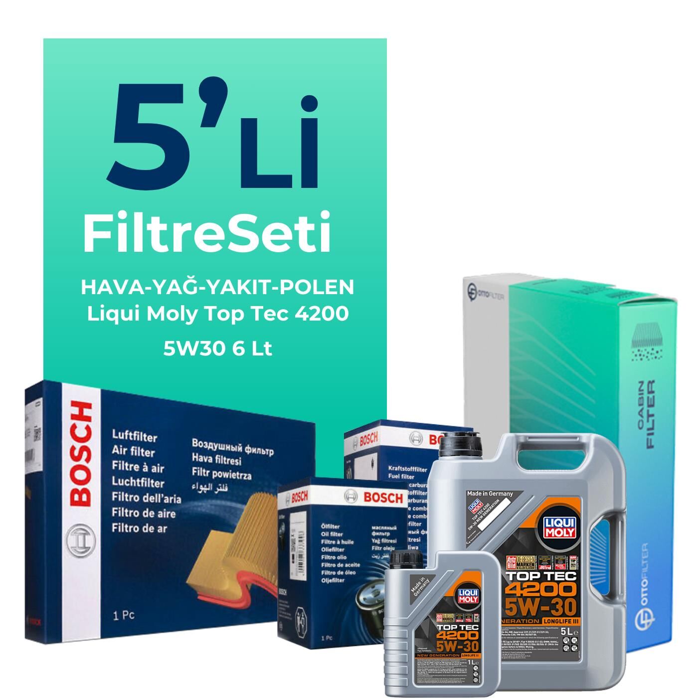 Bosch BMW 6.40 Dizel xDrive Filtre Bakım Seti Liqui Moly Motor Yağlı (2011-2018) 5 Li
