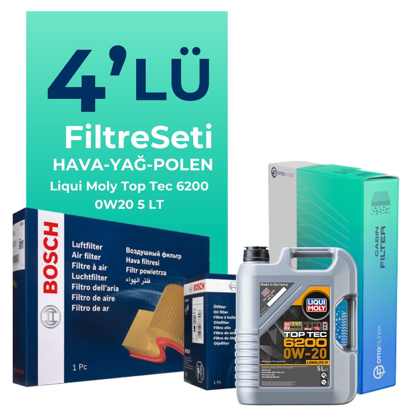 BOSCH Skoda Scala 1.5 TSi Filtre Bakım Seti Liqui Moly Motor Yağlı (2020-2024) 4 Lü