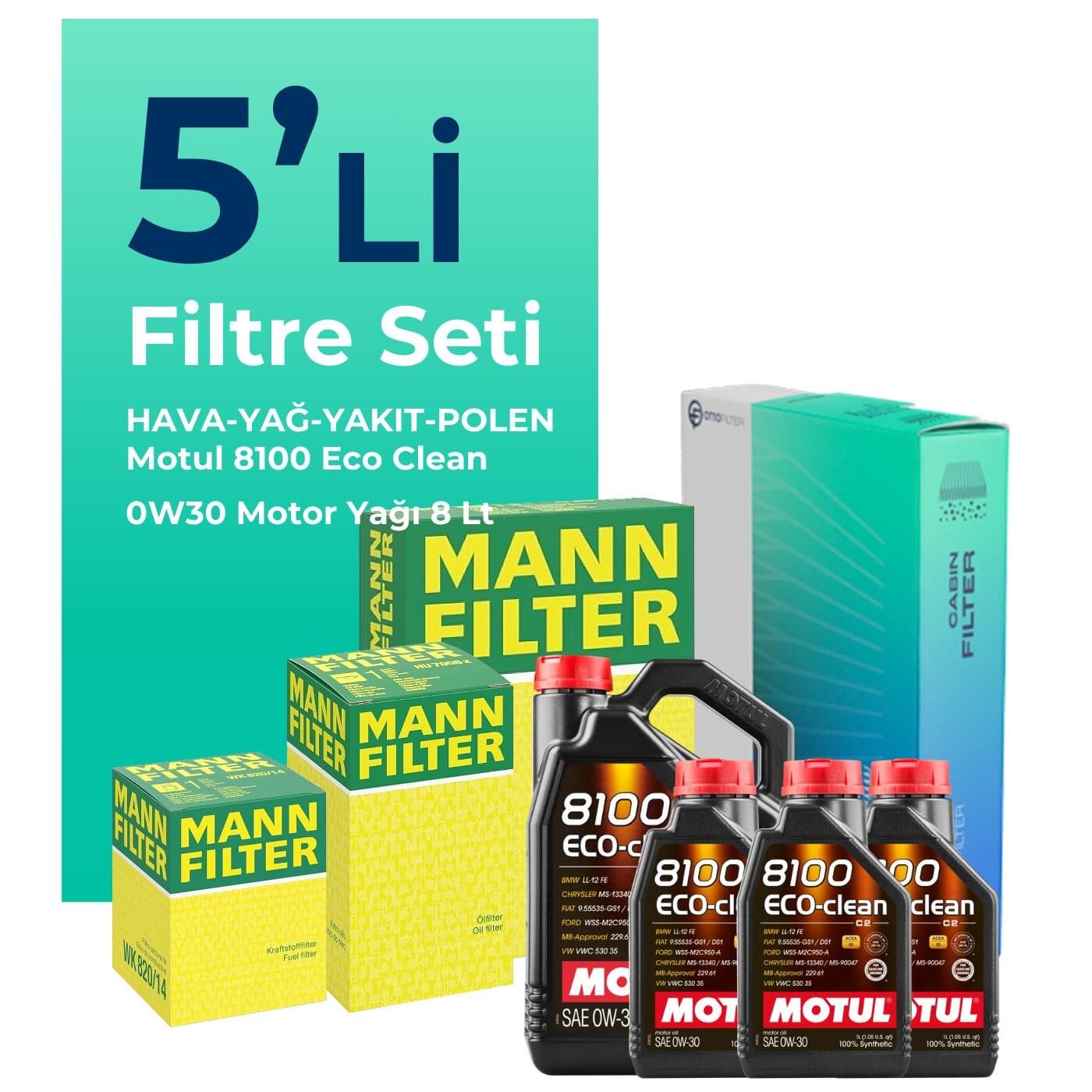 MANN Ford Tourneo Custom 2.0 Dizel Filtre Bakım Seti Motul Motor Yağlı (2015-2023) 5 Li