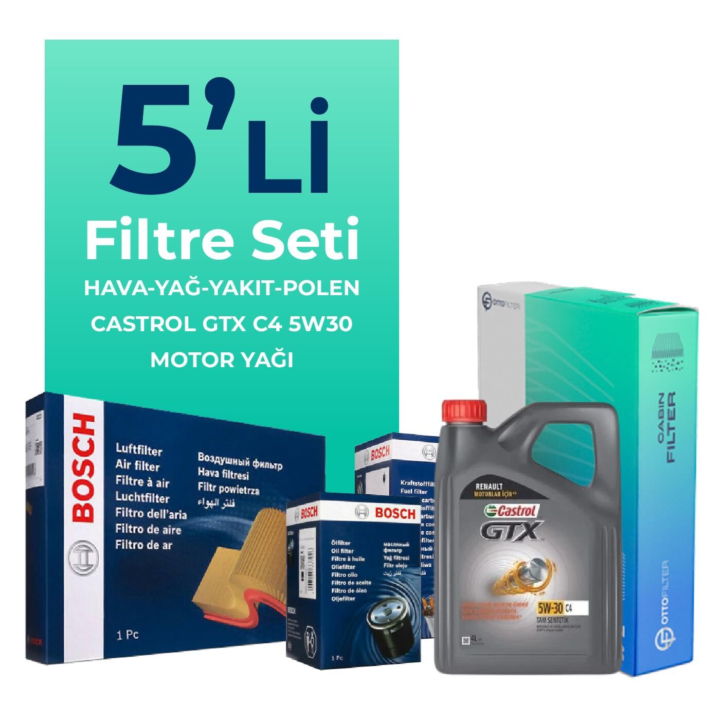 BOSCH Mercedes GLA180 Dizel Filtre Bakım Seti Castrol Motor Yağlı (2014-2018) 5 Li