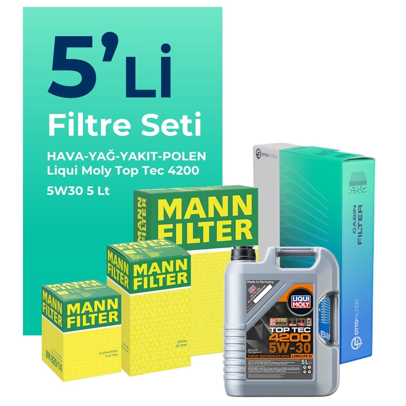 MANN Volkswagen Tiguan 2.0 Dizel Filtre Bakım Seti Liqui Moly Motor Yağlı (2011-2016) 5 Li