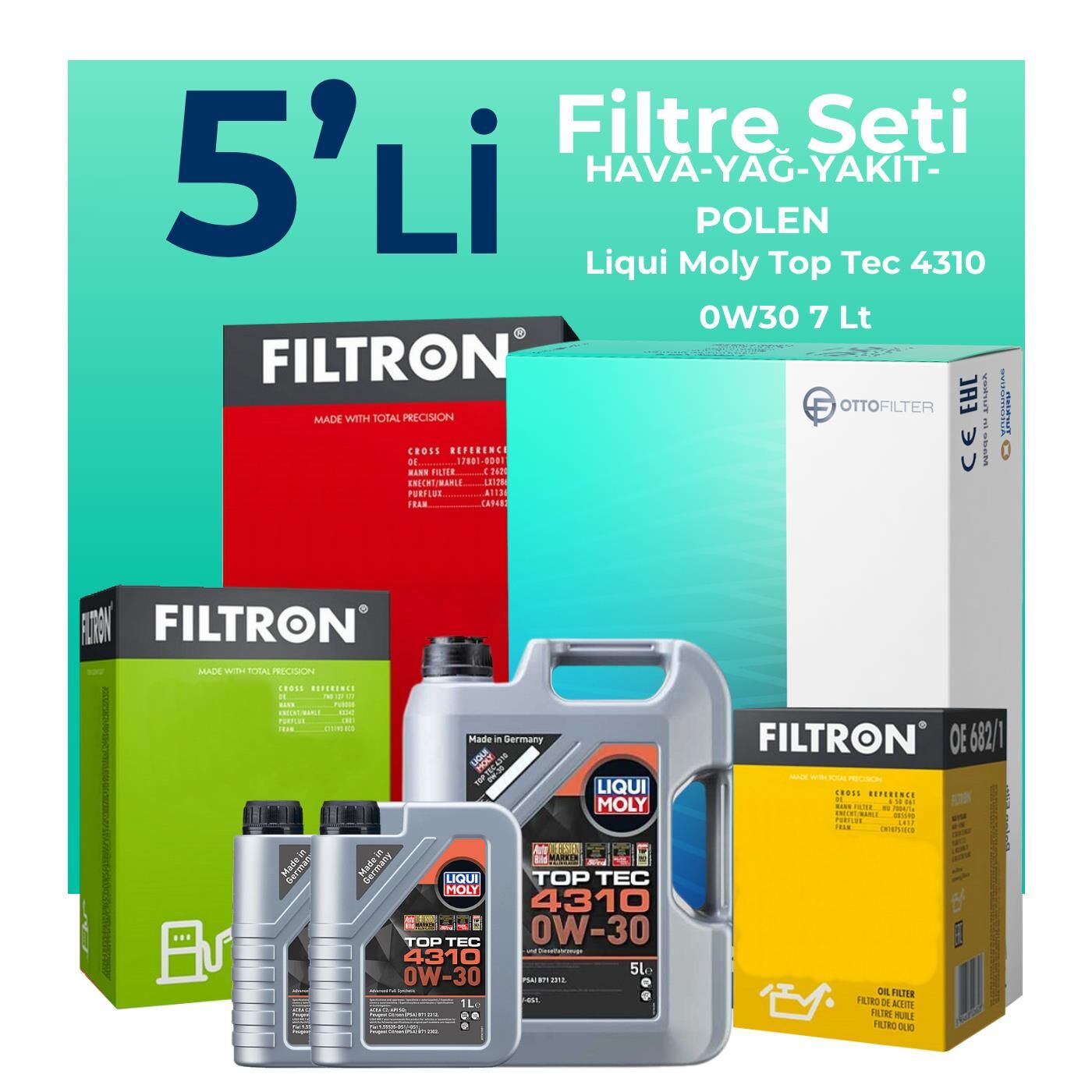 Filtron Ford Courier 1.5 EcoBlue Filtre Bakım Seti Liqui Moly Motor Yağlı (2018-2023) 5 Li