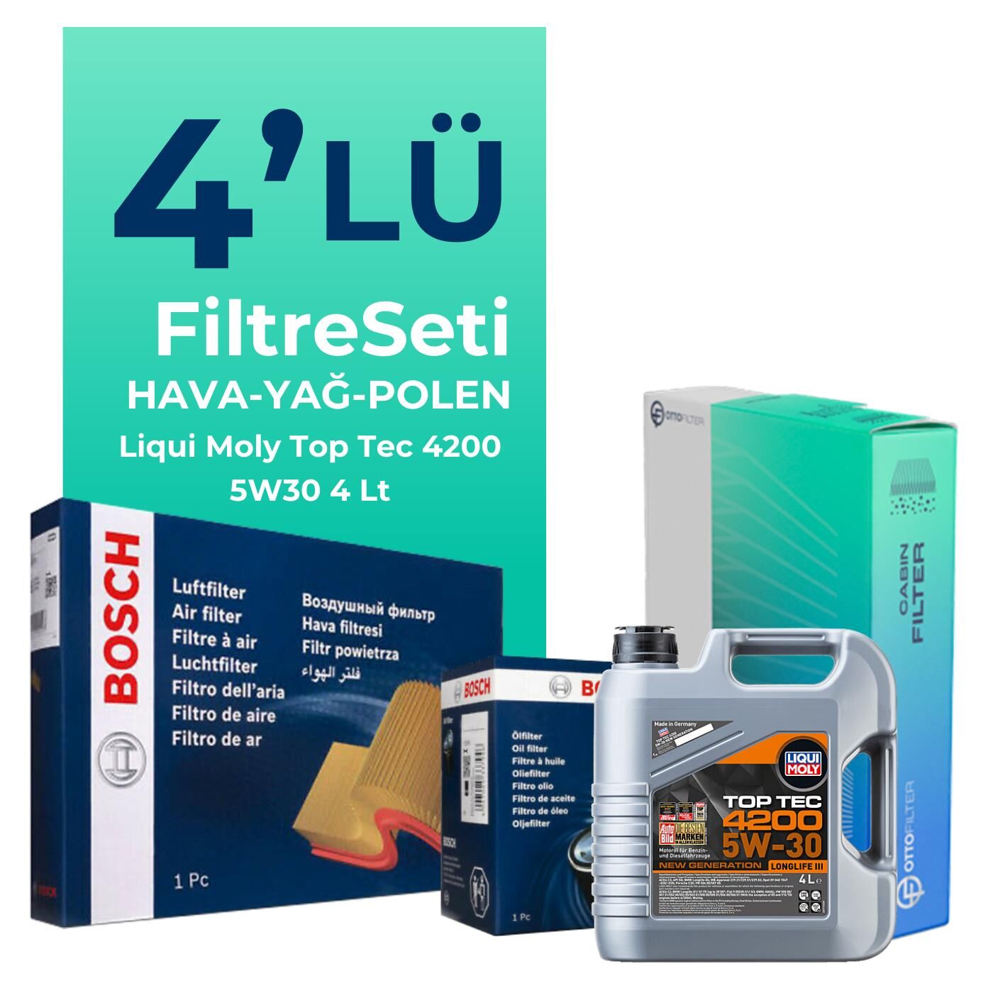 BOSCH Volkswagen Golf 1.4 TSi Filtre Bakım Seti Liqui Moly Motor Yağlı (2007-2009) 4 Lü