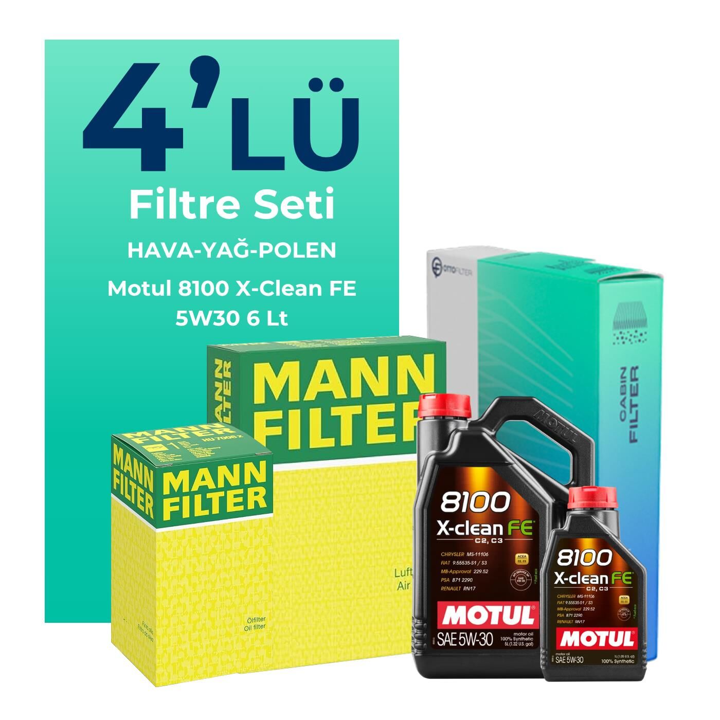 MANN Nissan X-Trail 1.3 Benzin Filtre Bakım Seti Motul Motor Yağlı (2019-2021) 4 Lü