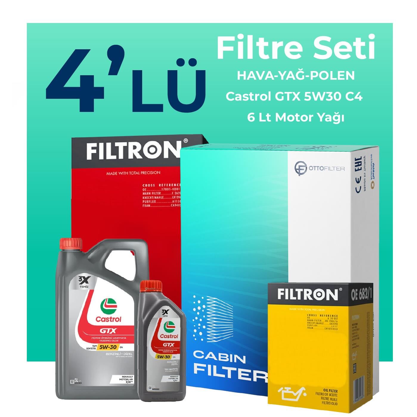 Filtron Dacia Duster 1.5 BlueDci Dizel Filtre Bakım Seti Castrol Motor Yağlı (2018-2022) 4 Lü