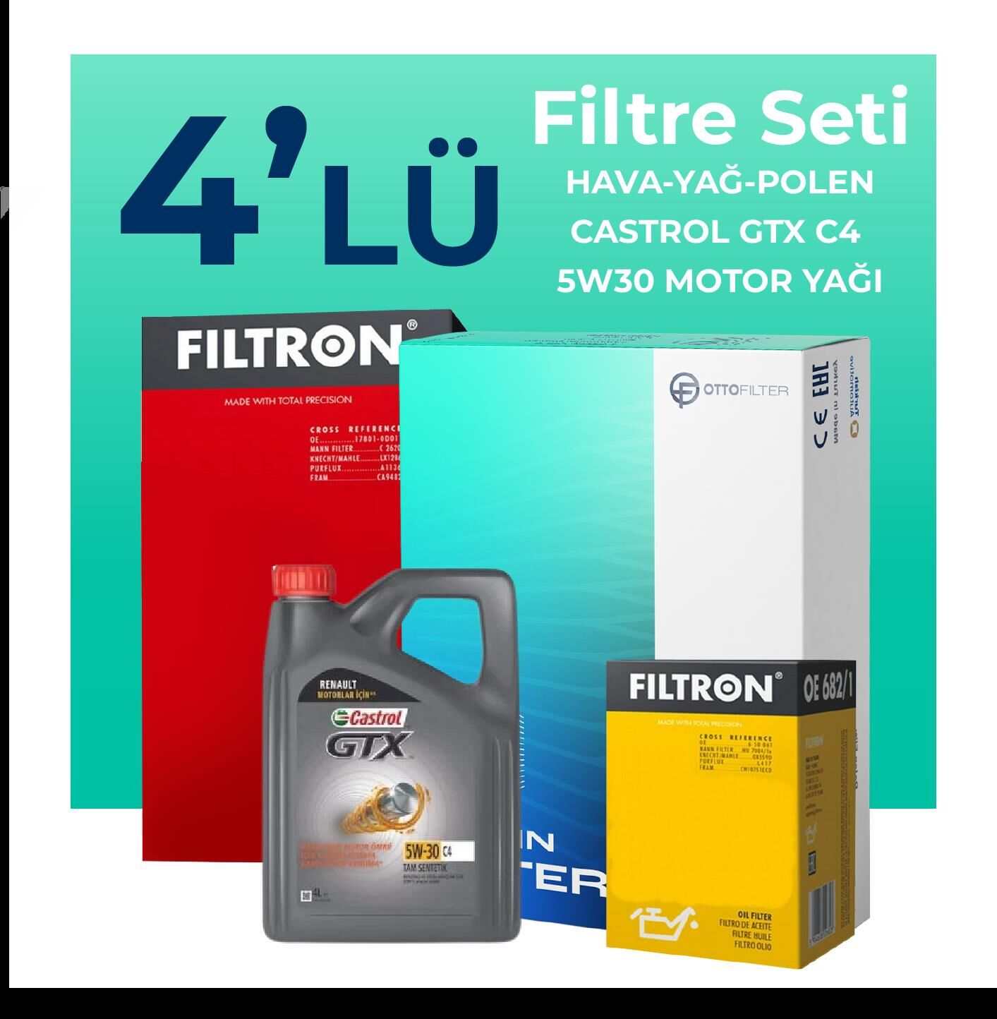 Filtron Nissan Qashqai 1.6 Benzin Filtre Bakım Seti Castrol Motor Yağlı (2007-2013) 4 Lü