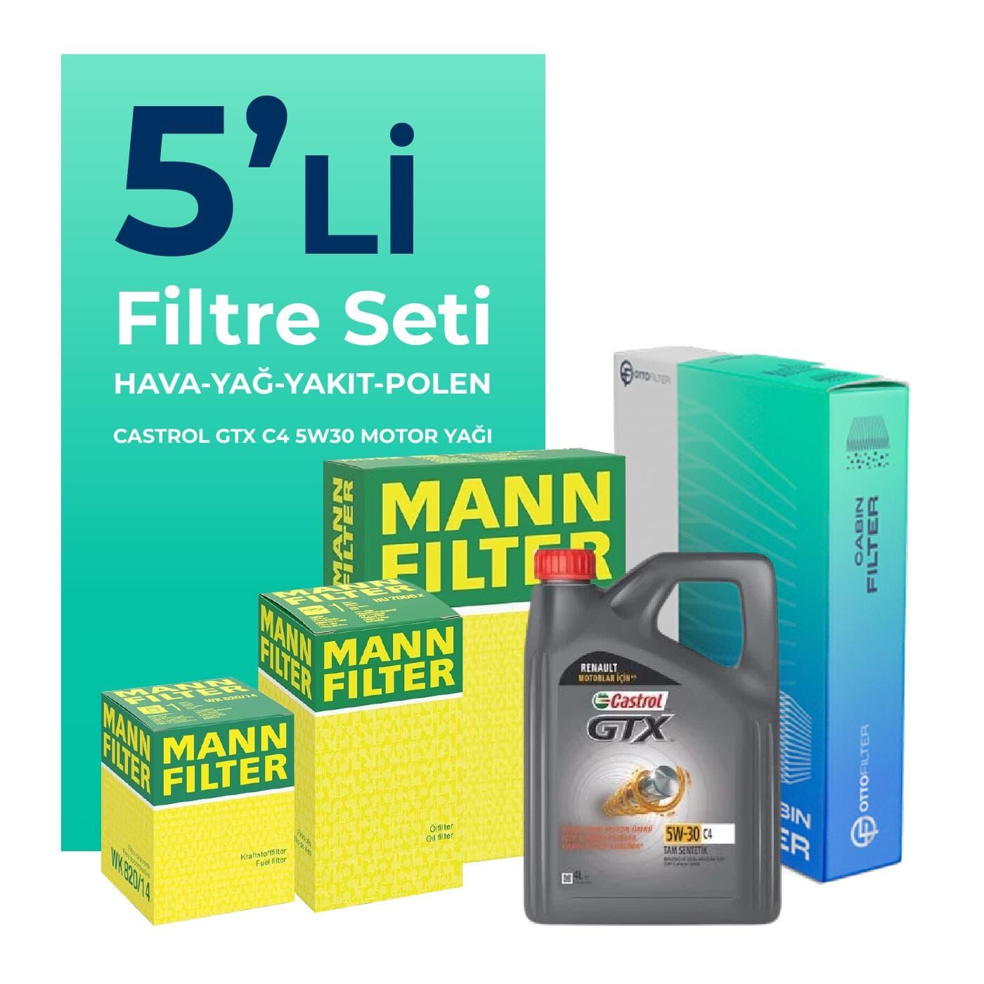 MANN Dacia Sandero 1.5 Dizel Filtre Bakım Seti Castrol Motor Yağlı (2012-2018) 5 Li