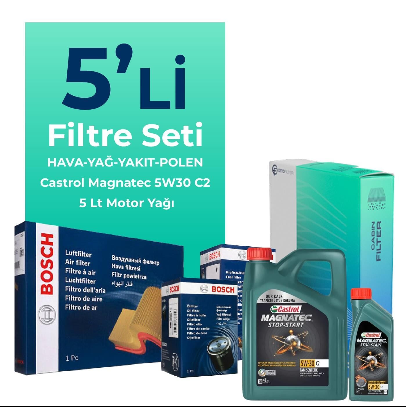 BOSCH Kia Venga 1.4 Dizel Filtre Bakım Seti Castrol Motor Yağlı (2010-2014) 5 Li