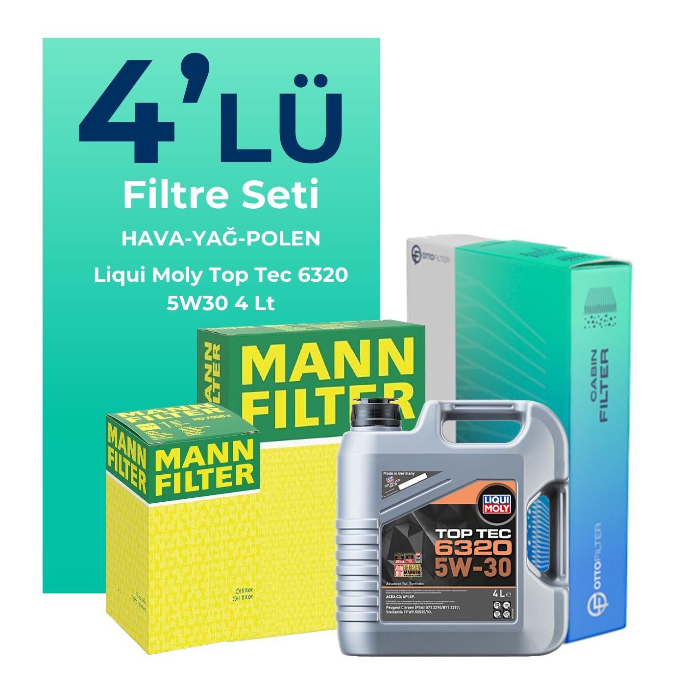 MANN Citroen C3 Aircross 1.2 Benzinli Filtre Bakım Seti Liqui Moly Motor Yağlı (2017-2023) 4 Lü