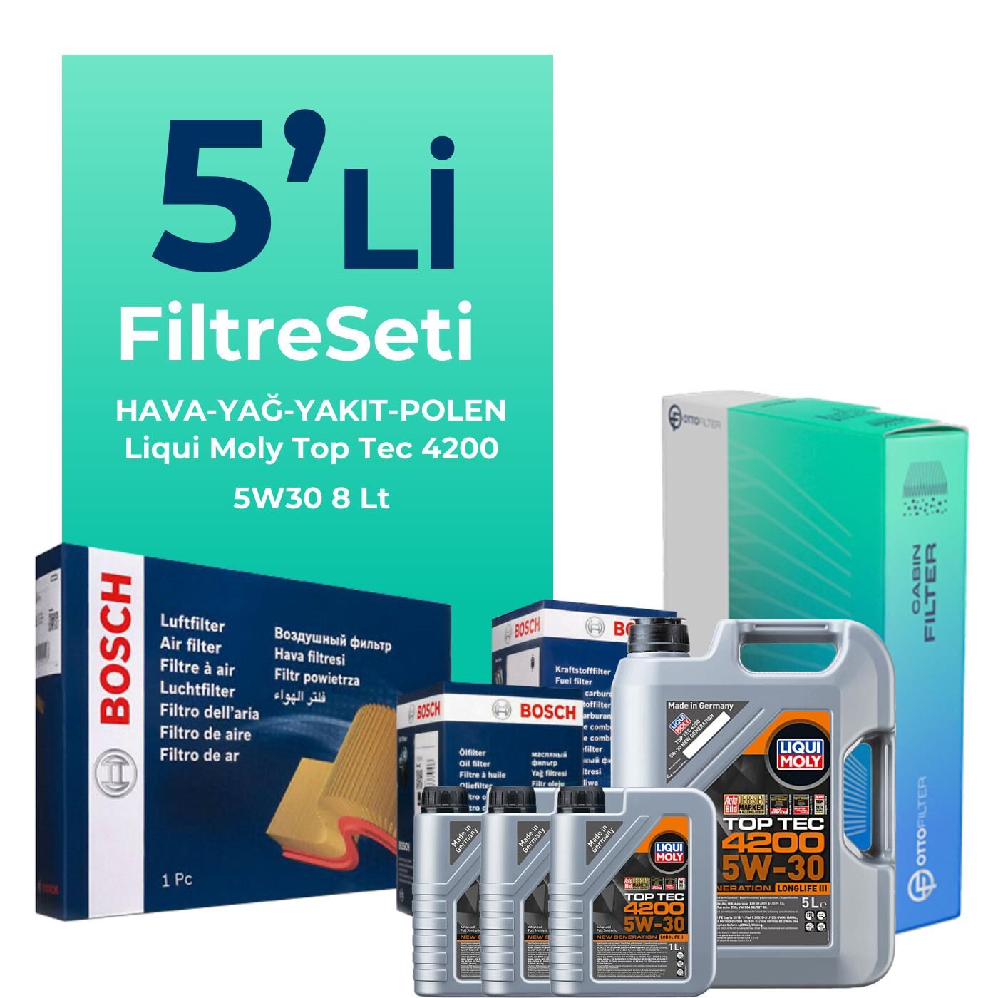 BOSCH Volkswagen Touareg 3.0 Dizel Filtre Bakım Seti Liqui Moly Motor Yağlı (2012-2018) 5 Li