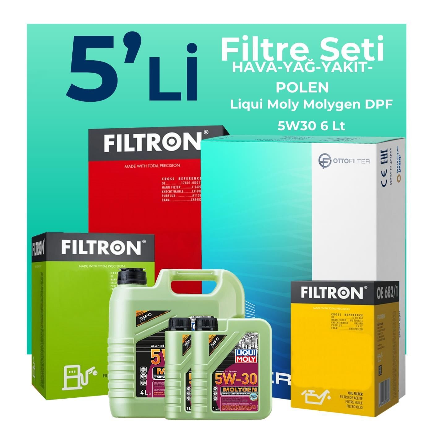 Filtron Ford Connect 1.8 Dizel Filtre Bakım Seti Liqui Moly Motor Yağlı (2002-2013) 5 Li
