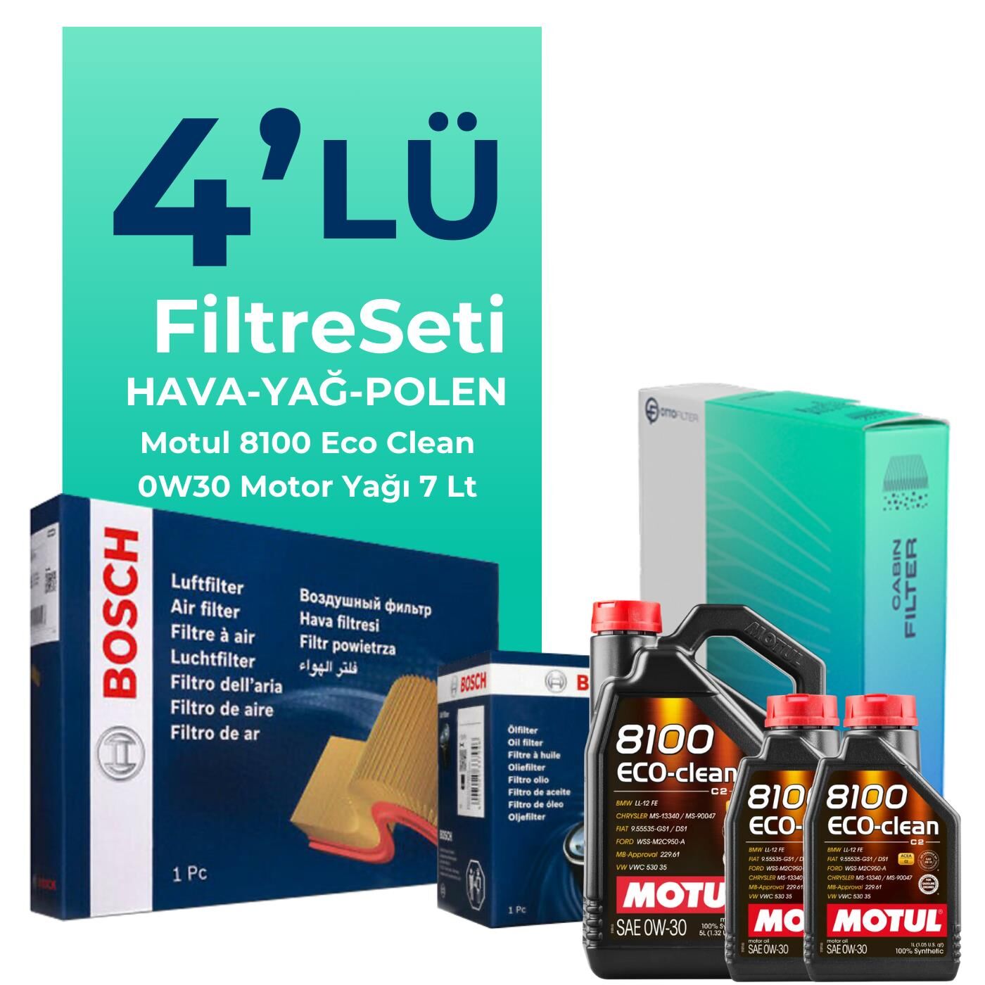 Bosch Mercedes GLC250 Benzin Filtre Bakım Seti Motul Motor Yağlı (2015-2019) 4 Lü