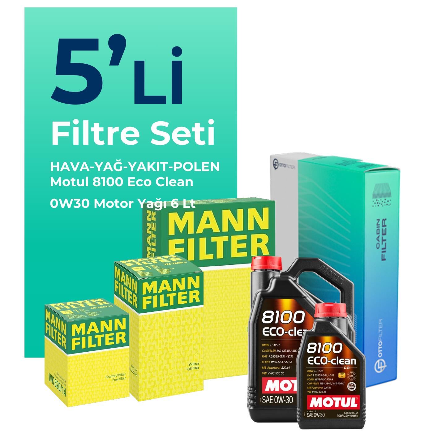 MANN Ford Connect 1.5 Dizel Filtre Bakım Seti Motul Motor Yağlı (2013-2019) 5 Li