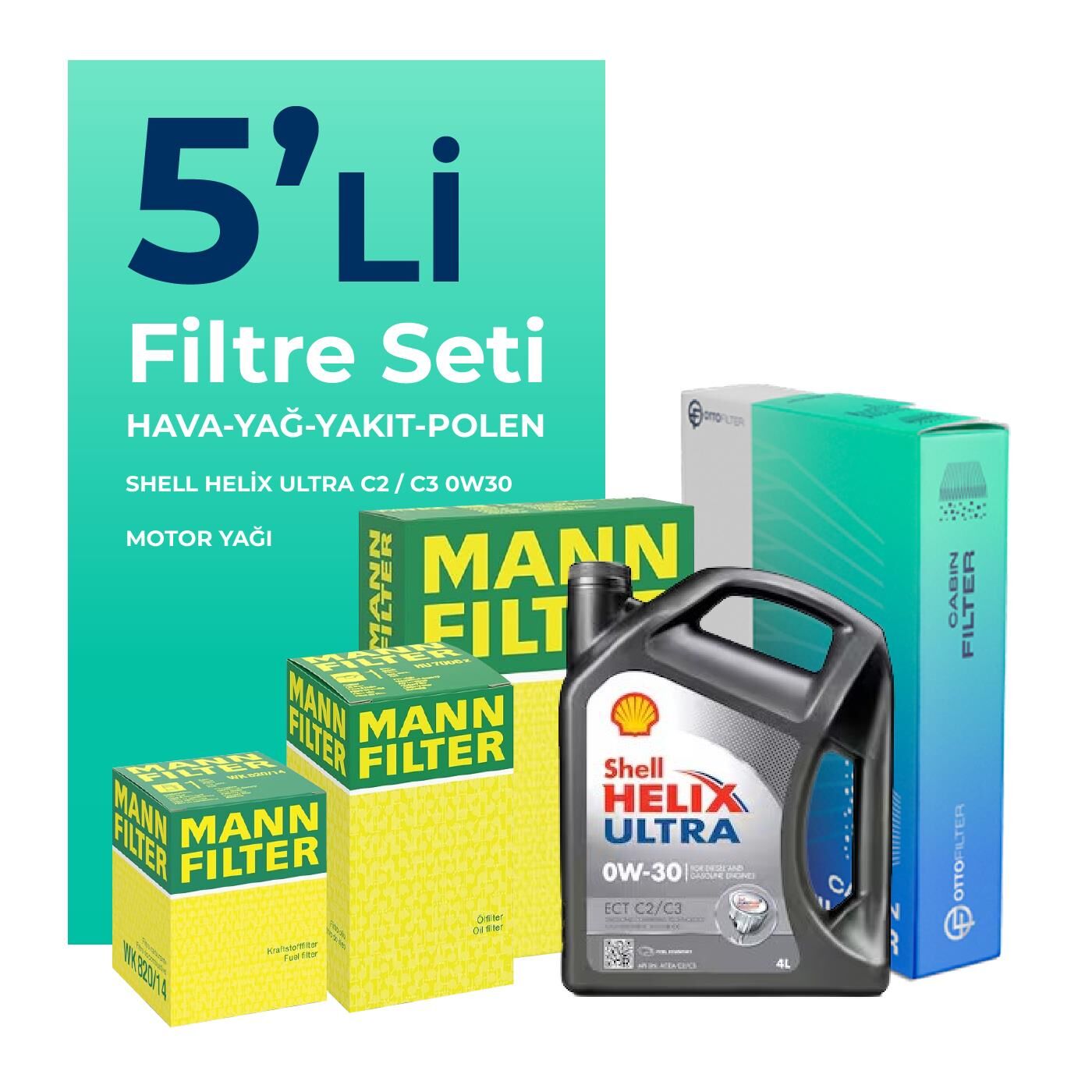 MANN Peugeot Partner 1.6 BlueHDi Dizel Filtre Bakım Seti Shell Motor Yağlı (2015-2018) 5 Li