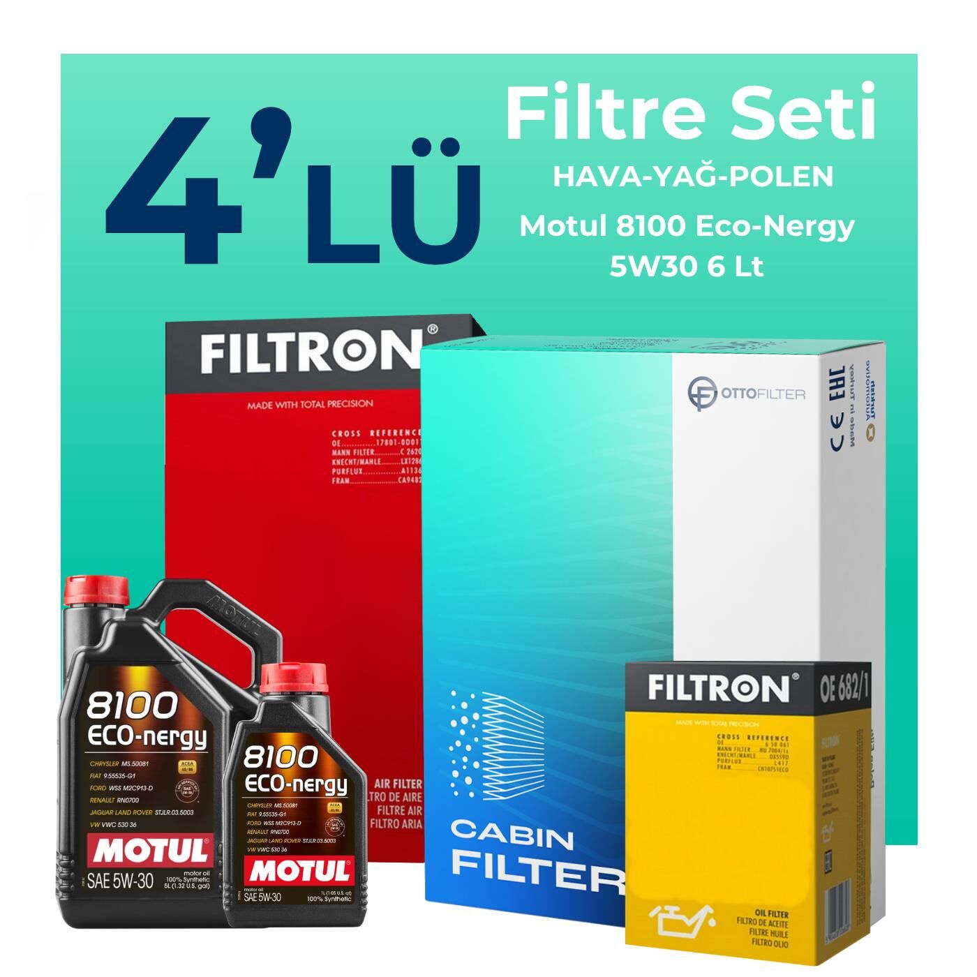 Filtron Land Rover Evoque 2.0 Benzinli Filtre Bakım Seti Motul Motor Yağlı (2012-2018) 4 Lü