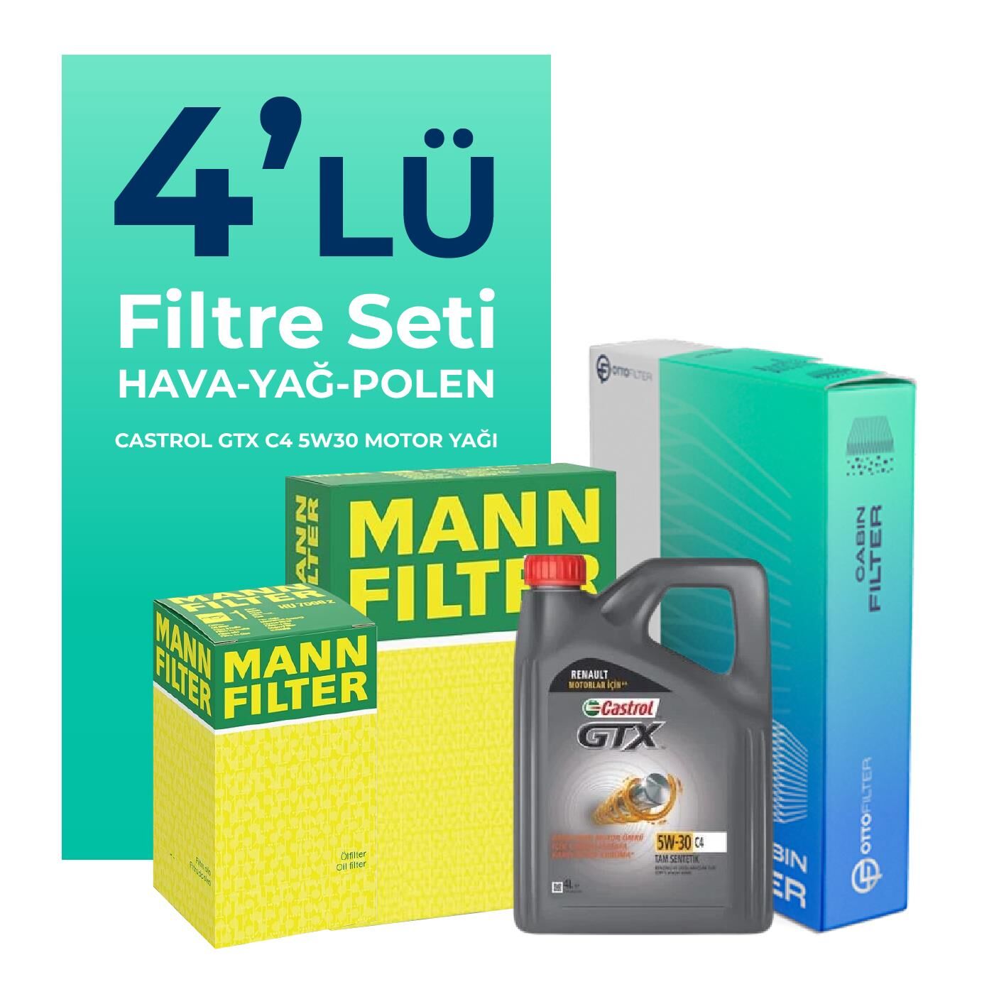 Mann Dacia Sandero 1.0 Turbo Filtre Bakım Seti Castrol Motor Yağlı (2021-2025) 4 Lü