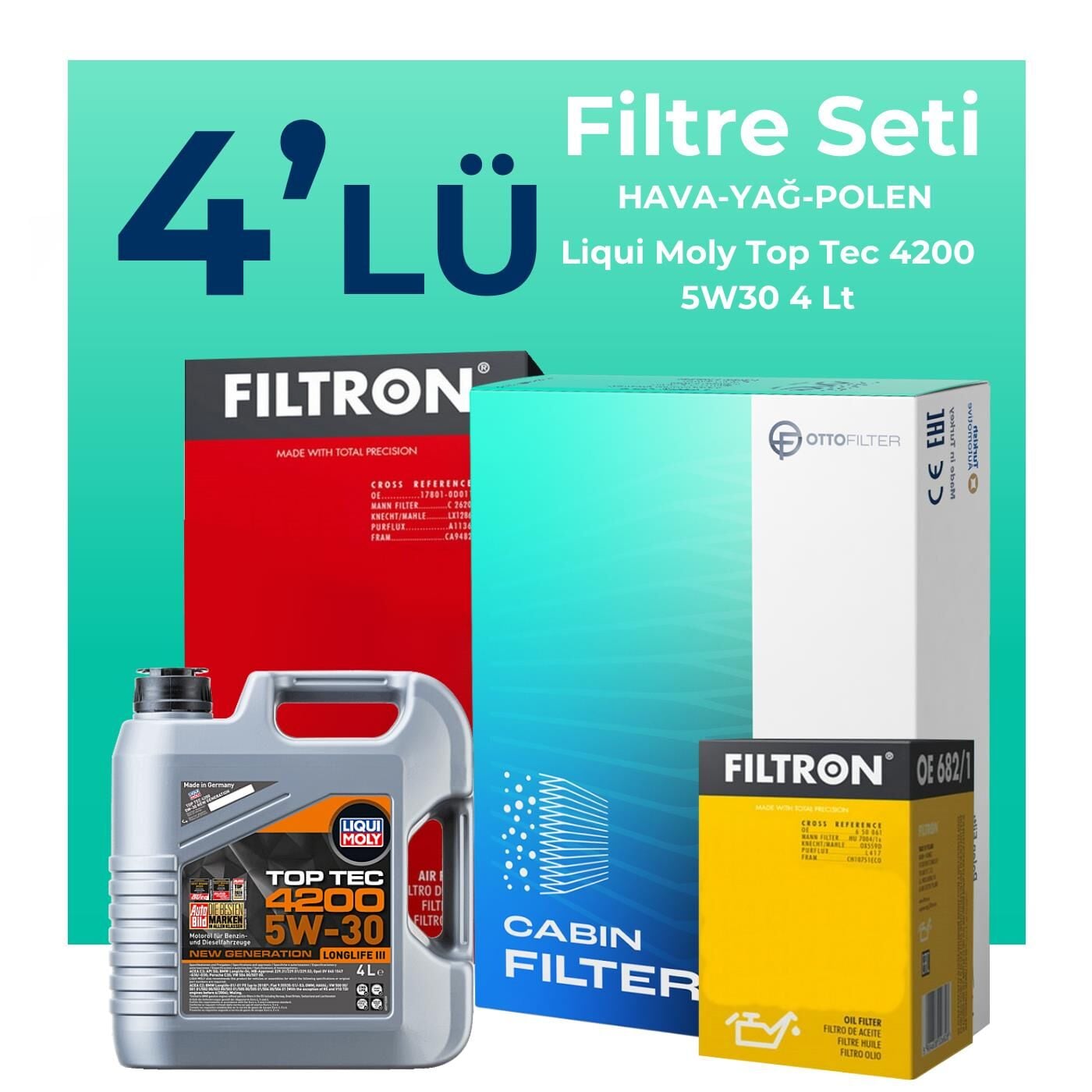 Filtron Skoda Octavia 1.4 TSi Filtre Bakım Seti Liqui Moly Motor Yağlı (2010-2013) 4 Lü