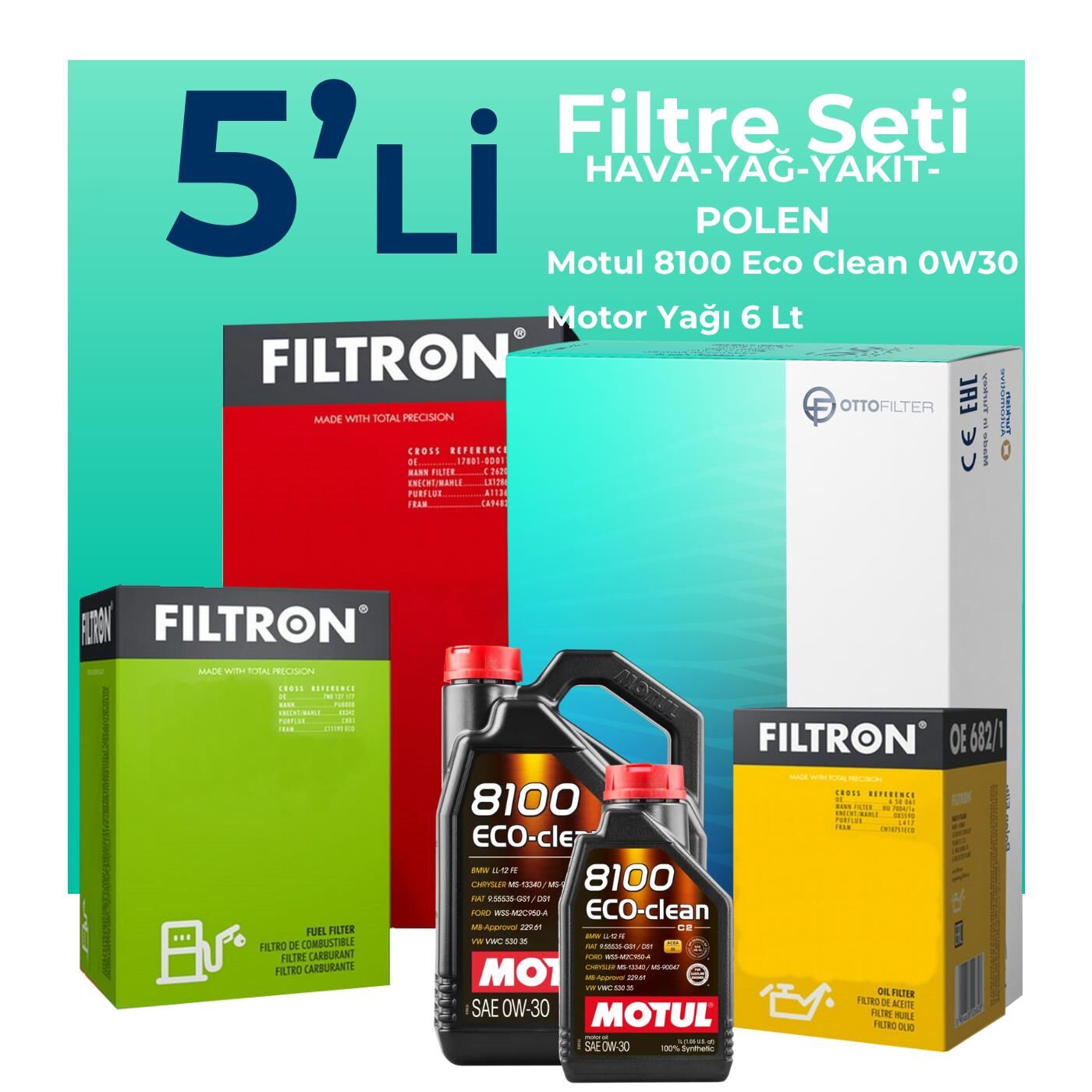 Filtron Ford Connect 1.5 Dizel Filtre Bakım Seti Motul Motor Yağlı (2013-2019) 5 Li