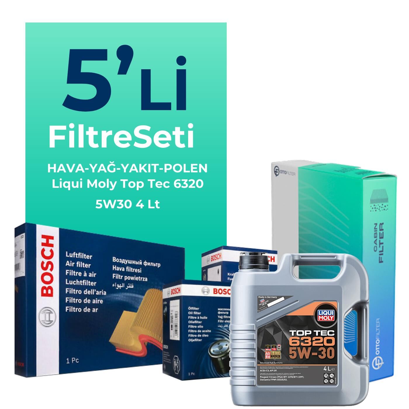 BOSCH Peugeot 208 1.5 Dizel Filtre Bakım Seti Liqui Moly Motor Yağlı (2019-2021) 5 Li