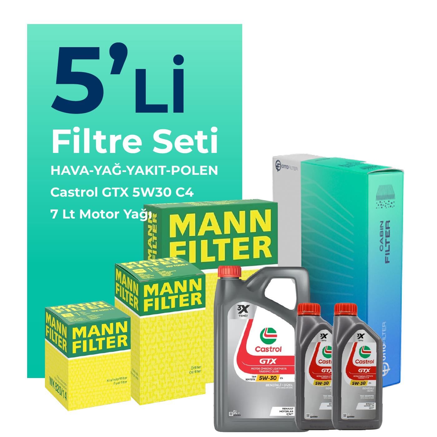 MANN Nissan Navara 2.3 Dizel Filtre Bakım Seti Castrol Motor Yağlı (2015-2021) 5 Li