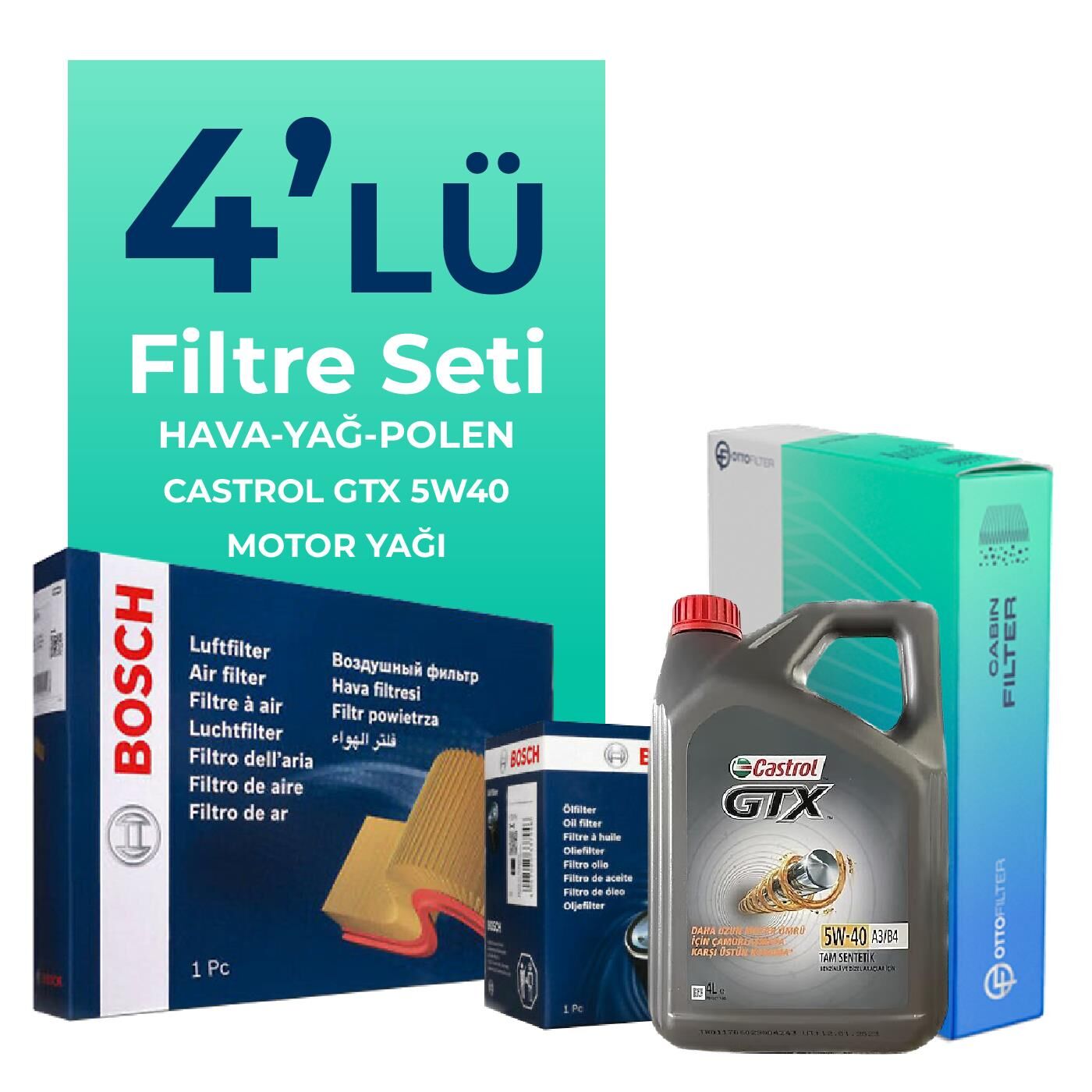 BOSCH Renault Clio 1.2 Benzin Filtre Bakım Seti Castrol Motor Yağlı (2014-2021) 4 Lü