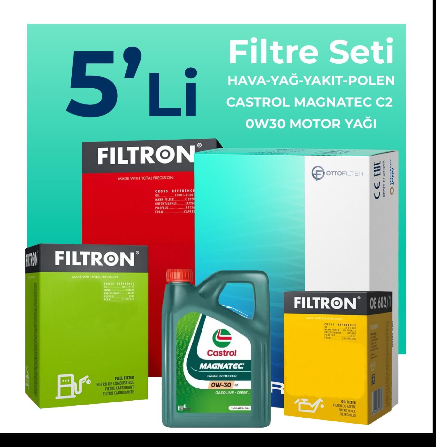 Filtron Fiat Doblo 1.3 Dizel Filtre Bakım Seti EURO 6 Castrol Motor Yağlı (2015-2022) 5 Li