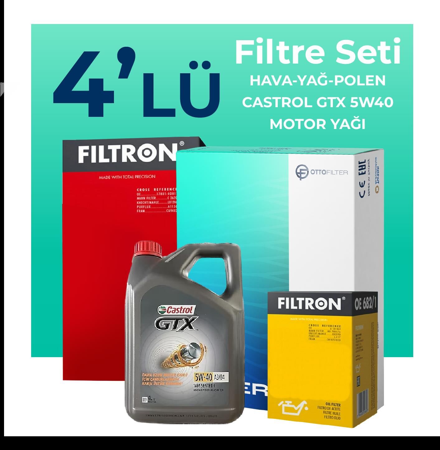 Filtron Fiat Punto 1.2 Benzinli Filtre Bakım Seti Castrol Motor Yağlı (2012-2017) 4 Lü