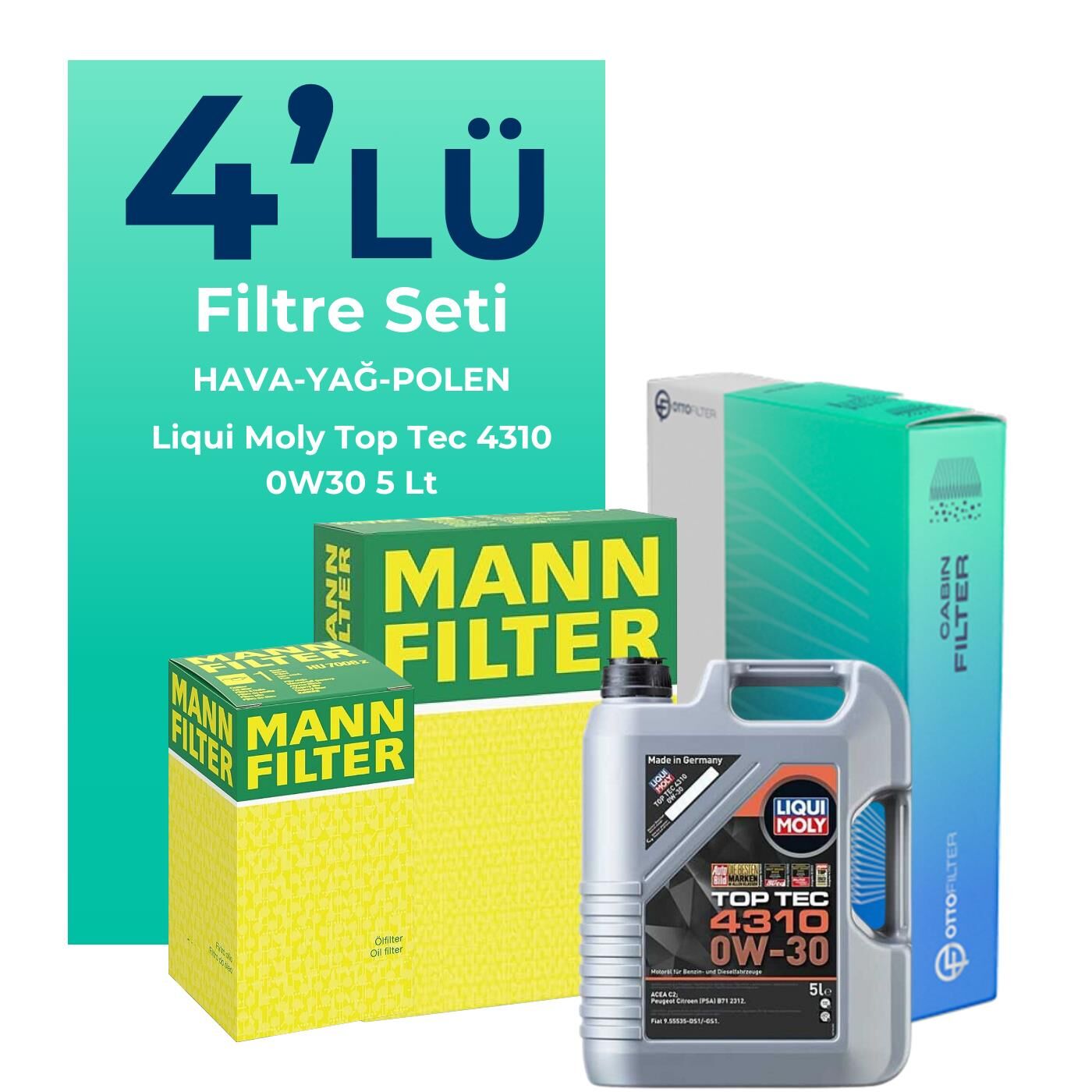 MANN Fiat Egea 1.6 Benzin Filtre Bakım Seti Liqui Moly Motor Yağlı (2015-2021) 4 Lü