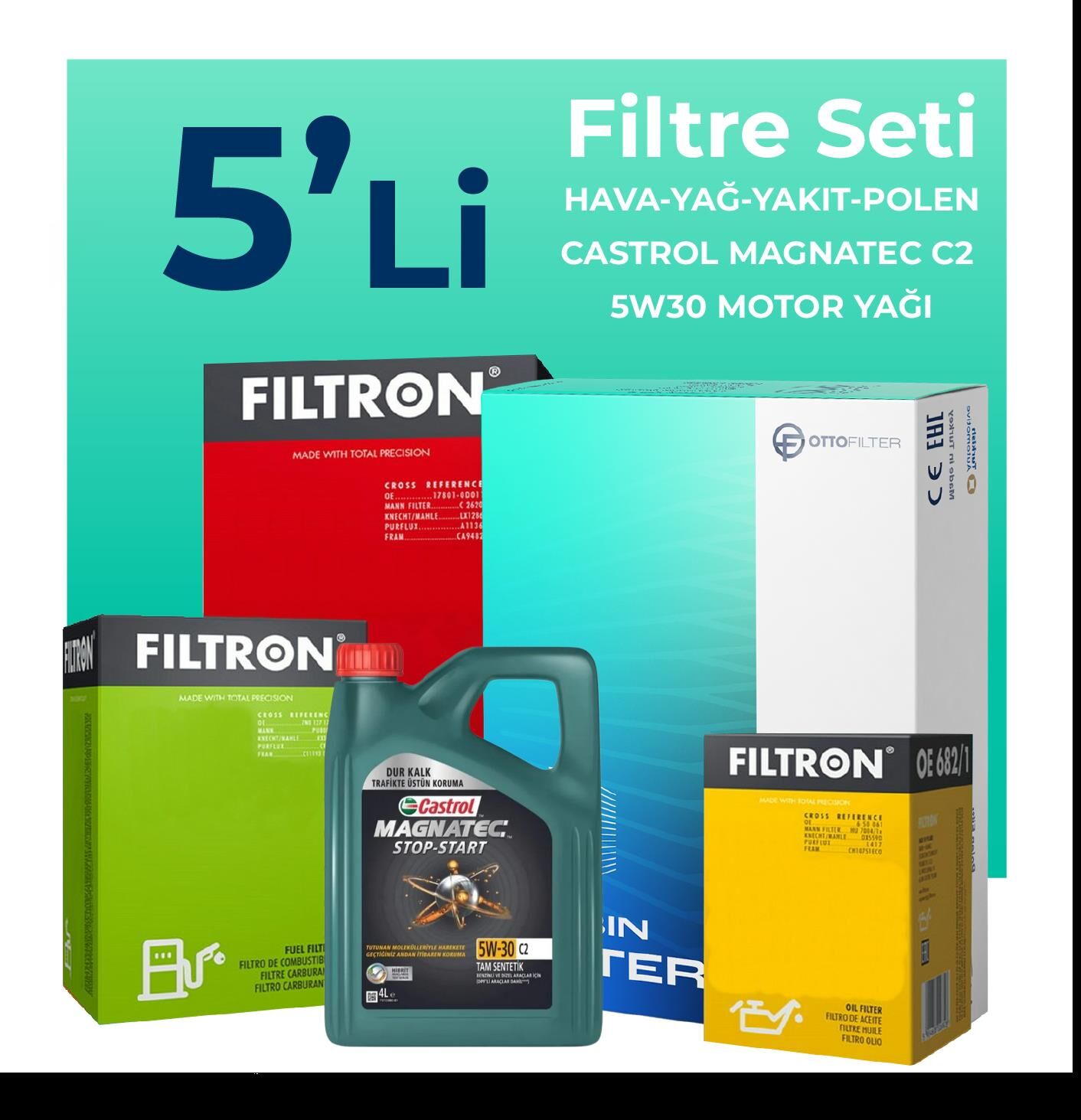 Filtron Citroen C4 Grand Picasso 1.6 BlueHDi Dizel Filtre Bakım Seti Castrol Motor Yağlı (2013-2021) 5 Li