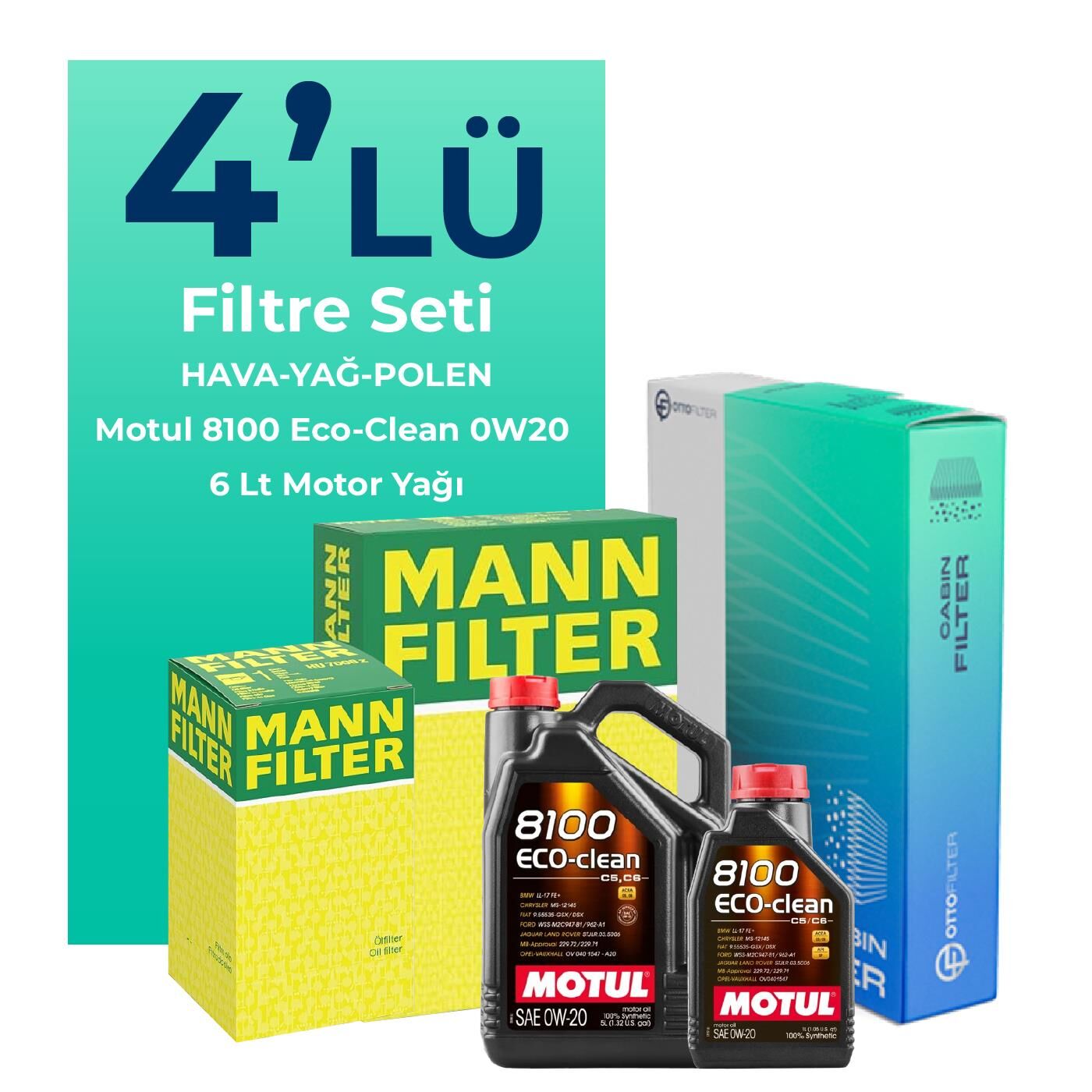 MANN Volvo XC90 2.0 Dizel D5 Filtre Bakım Seti Motul Motor Yağlı (2016-2019) 4 Lü